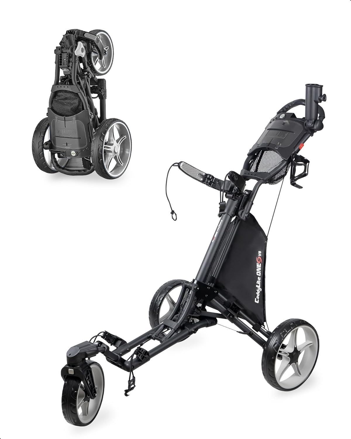 Caddytek CaddyLite ONE-Swivel V8 Golf Push Cart – Lightweight 3 Wheel Foldable Cart with One-Click Folding, 360° Swivel Front Wheel, Adjustable Handle, Cooler Basket, Umbrella & Drink Holder