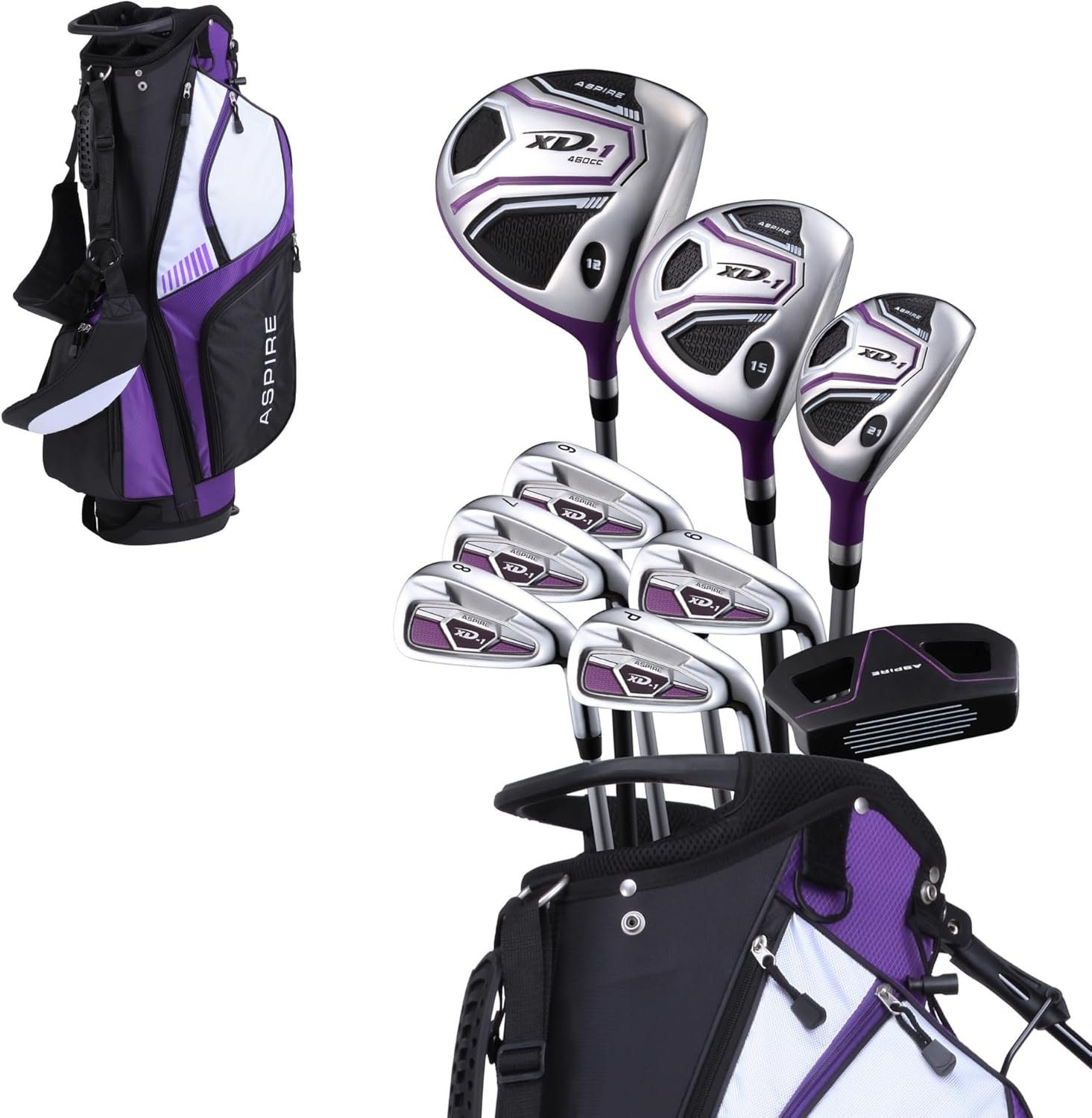 Aspire XD1 Womens Golf Clubs Full Set, Includes Driver, Fairway, Hybrid, 6-PW Irons, Putter, Stand Bag, 3 H/C’s, Ultra-Light Graphite Shafts, Golf Clubs Women Right Handed, Comes in 3 Sizes, Purple