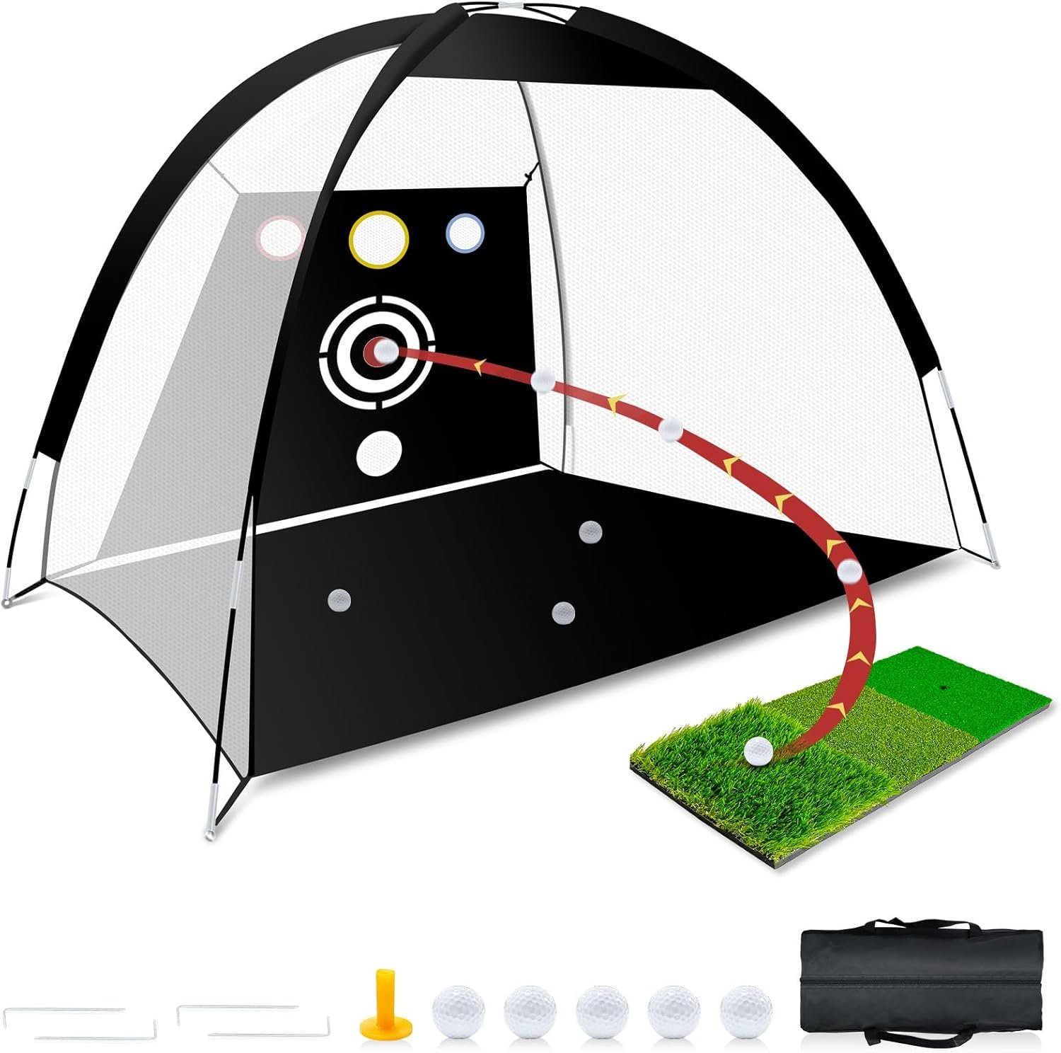 Golf Net – Upgraded All-in-One 10x7ft Golf Practice Net with 5 Real Balls, Tri-Turf Mat and Portable Bag, Durable Hitting Nets for Backyard Driving Swing Outdoor
