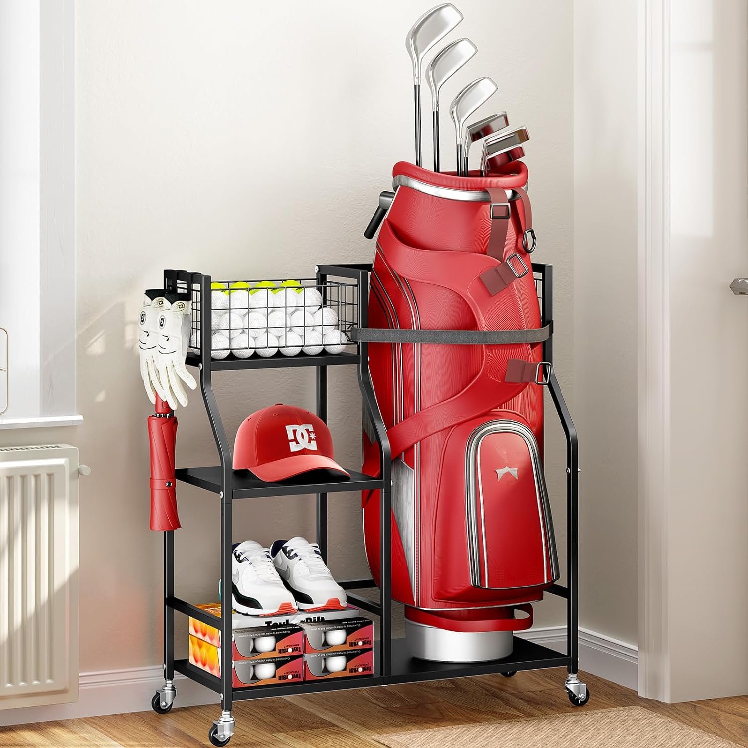 TOOLF Golf Bag Organizer, Golf Club Storage with Wheels, Sturdy Metal Golf Bag Holder Stand for Home, Garage, Outdoor, Includes 4 Storage Sections & Removable Hooks