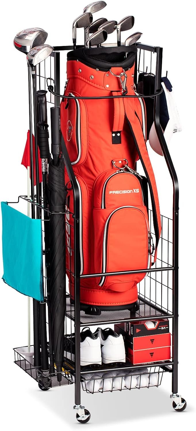 FHXZH Golf Bags Storage Garage Organizer – Golf Bag Stand Fit Single Golf Bags, Golf Clubs, and Golf Equipment Accessories, Golf Bag Storage Rack with Wheels for Garage, Club, Shed, Basement