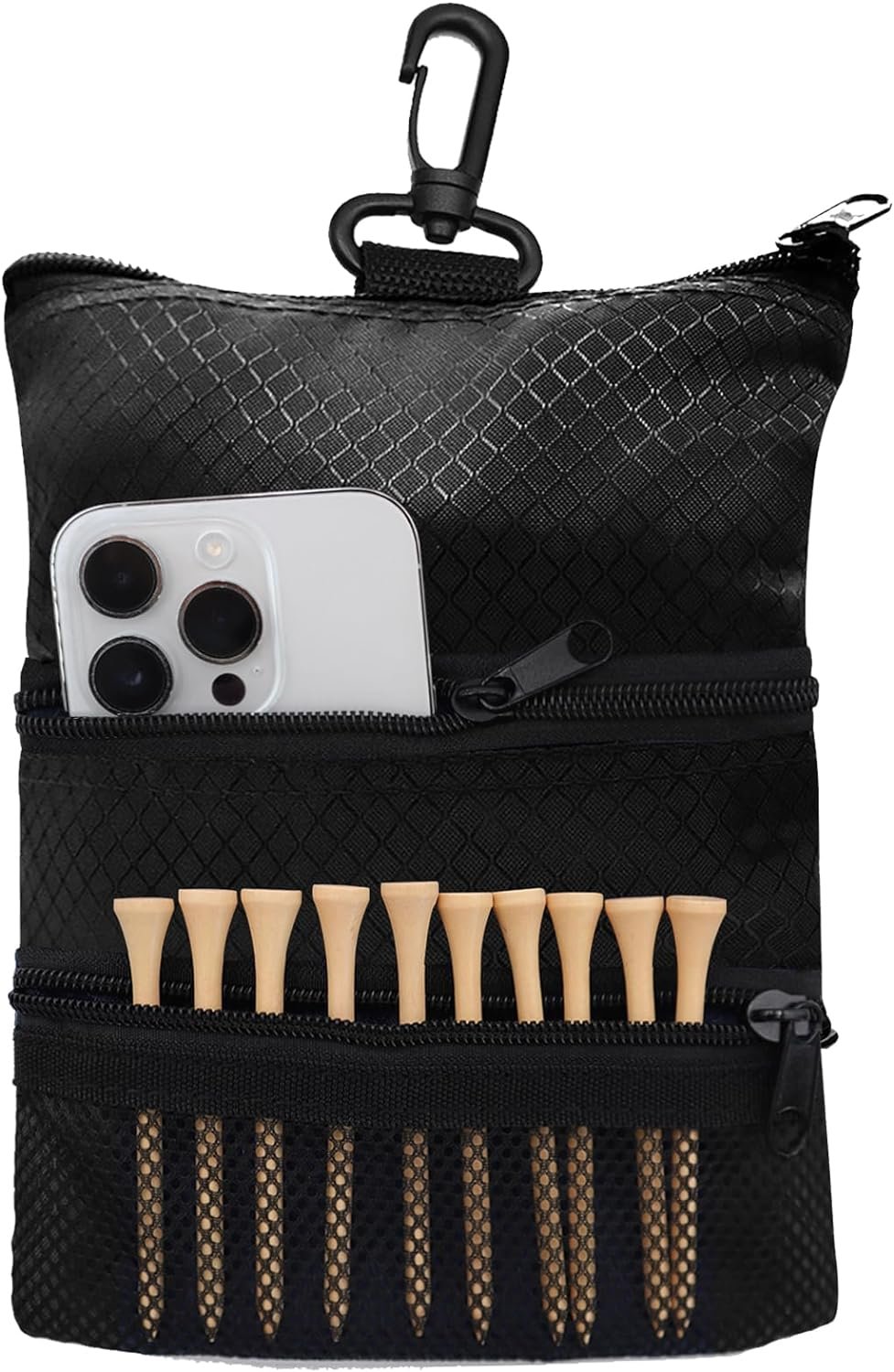 Amy Sport Golf Bag Accessories Valuables Pouch Bags Multi Pocket Zipper Hook with 10 Pcs Wood Golf Tees for Men Women
