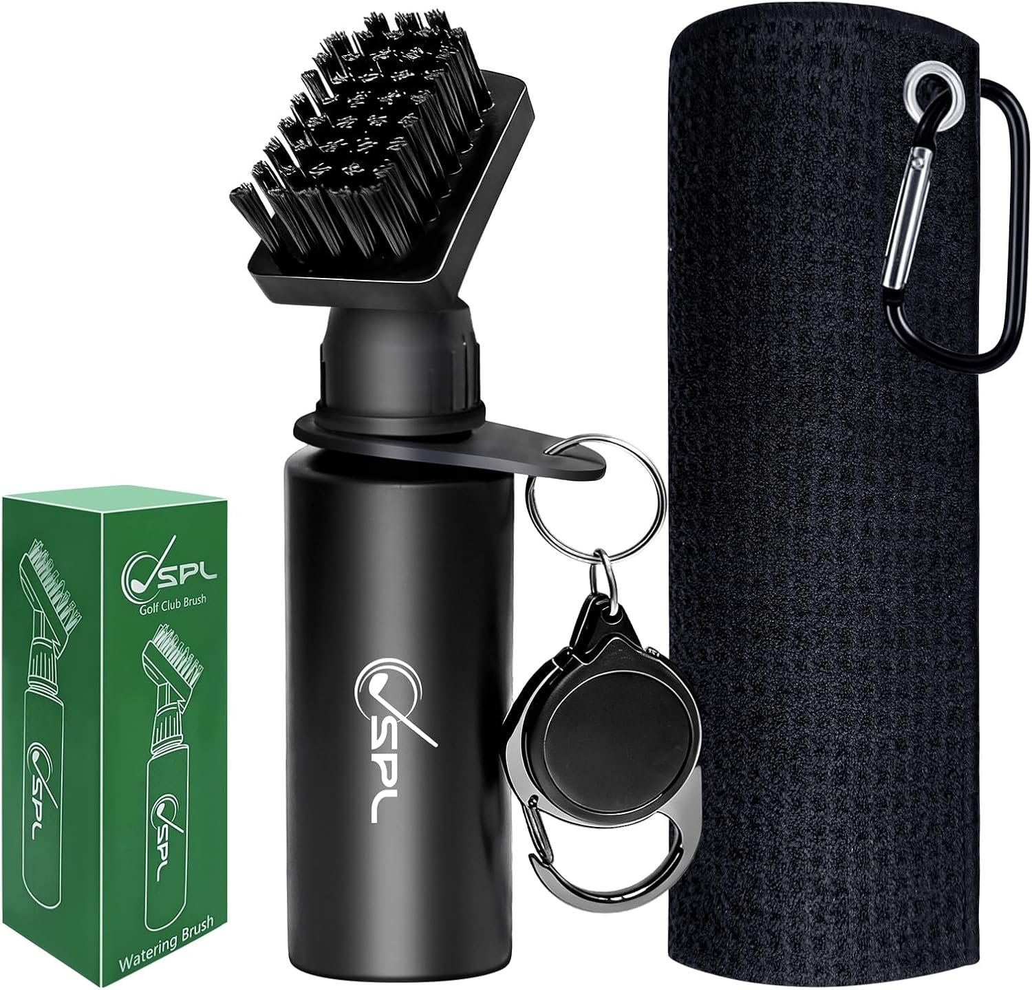 Golf Towel and Golf Club Brush Cleaner Set, 16×16 Inch Premium Microfiber Golf Towel, Golf Club Cleaning Brush with Retractable Clip & Squeeze Water Bottle, Essentials Golf Accessories for Men