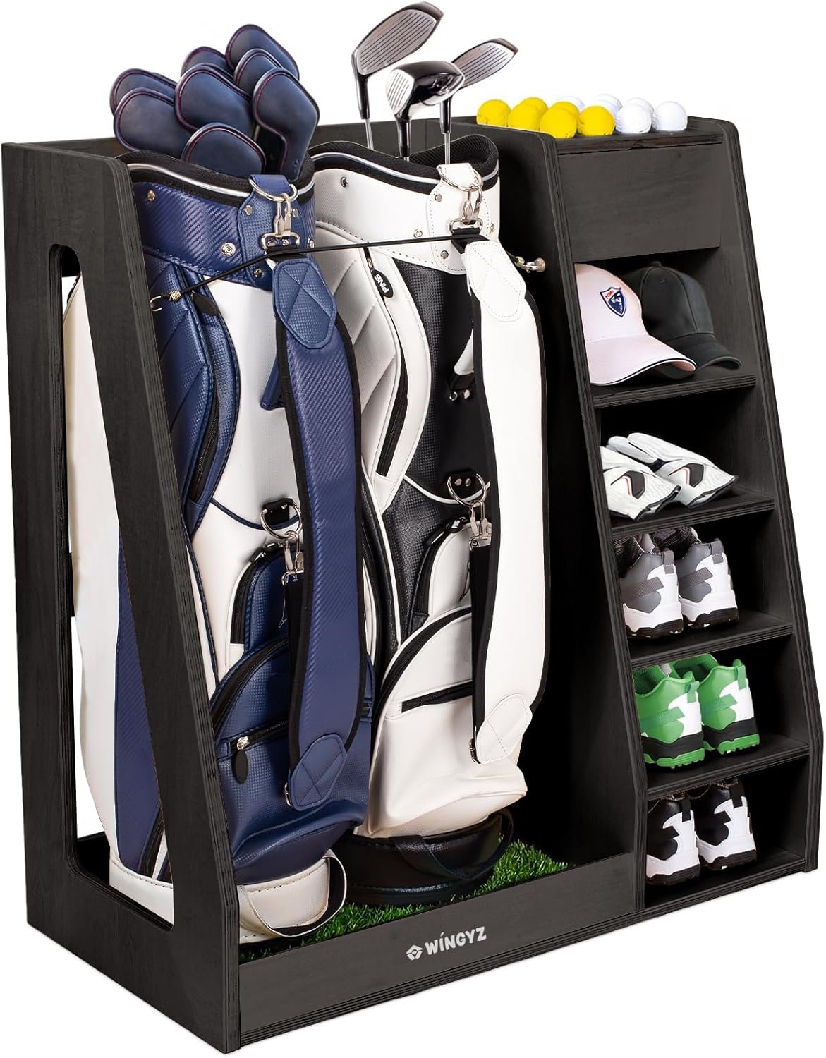 WINGYZ Premium Birch Plywood Golf Bag Storage for 2 Bags | 36lb Rock-Solid Golf Bag Organizer | 7-Shelf Command Center | Artificial Turf 12-Ball Display | No Wall Mounting Required (Black)
