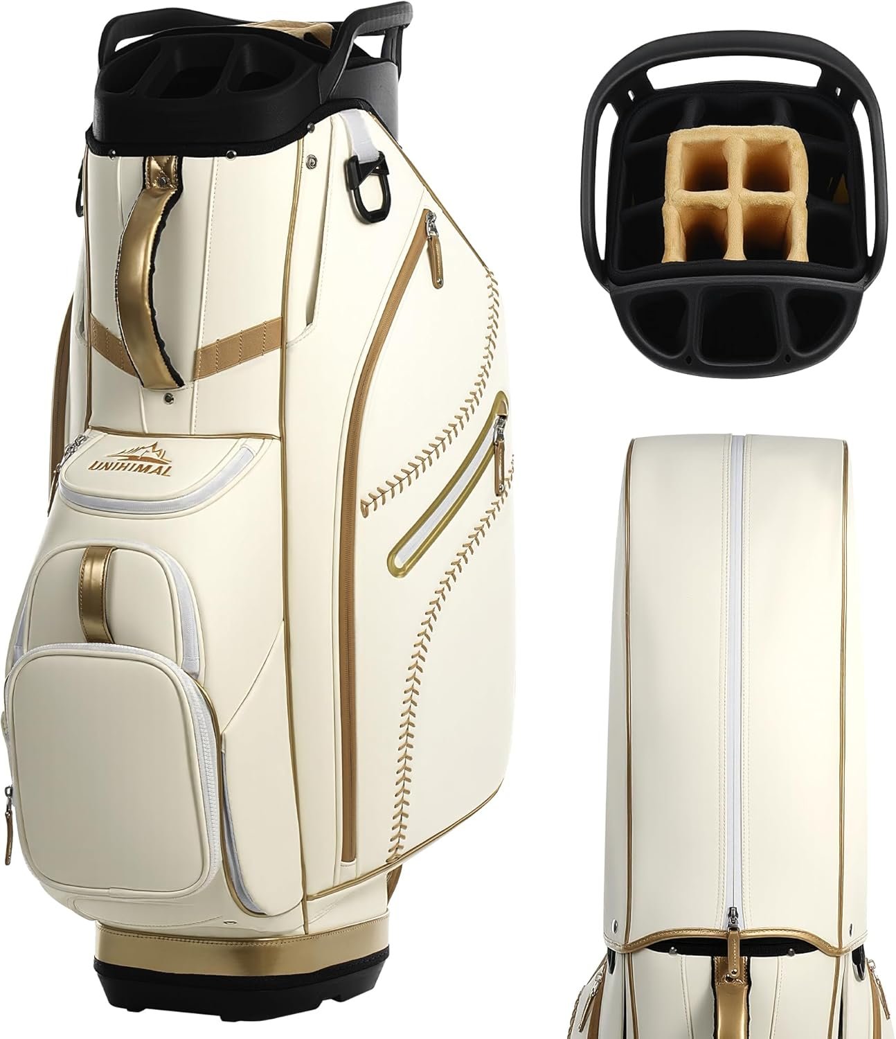 uniHimal Golf Cart Bag with 14-Way Full-Length Dividers, Premium PU Leather Golf Bag for Men Women with Plush Top, Magnetic Pocket and Rain Cover, Lightweight Golf Club Bag Includes Cooler Pockets