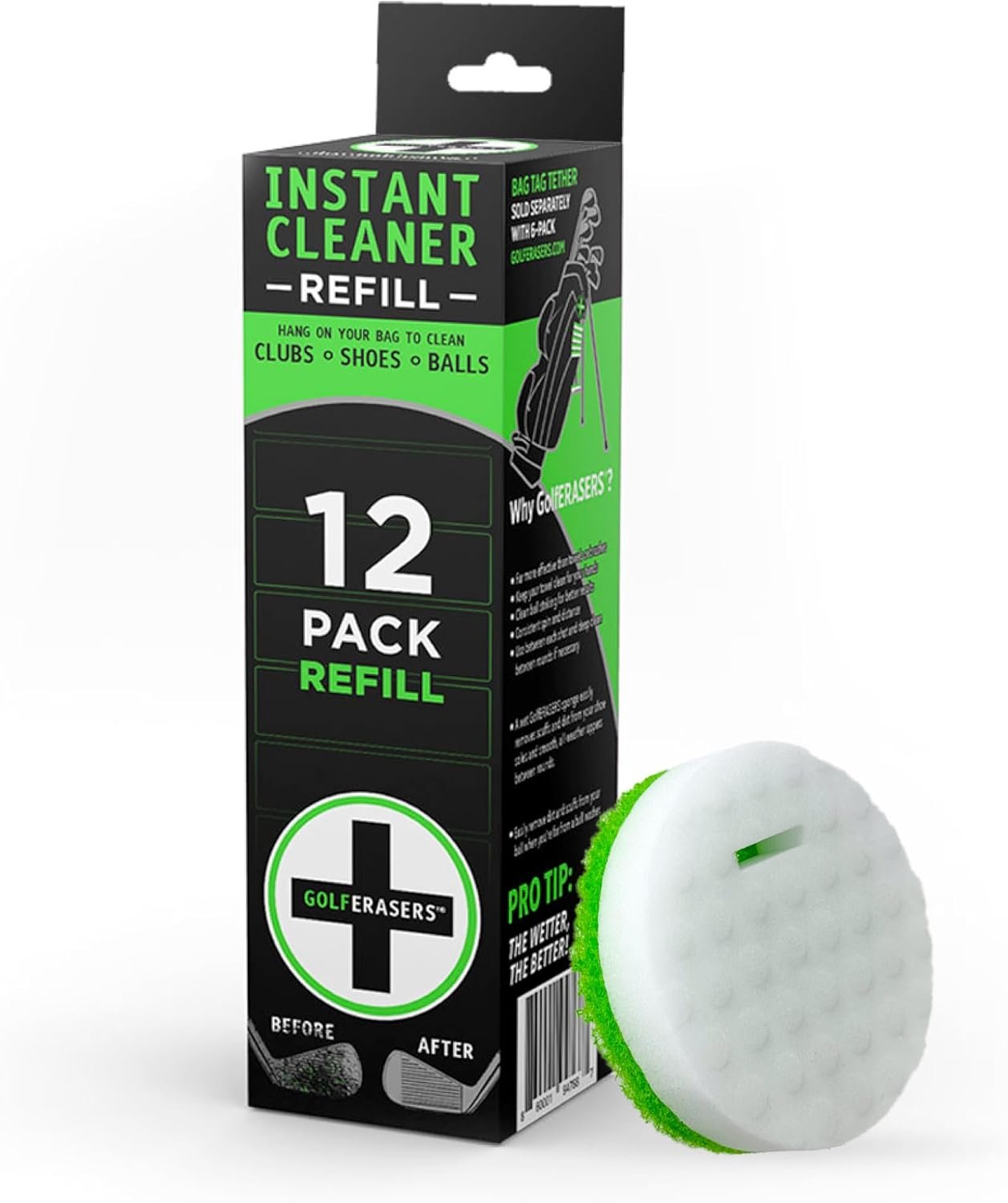 Instant Golf Eraser, Premium Dual-Sided Sponge for Cleaning Clubs, Shoes & Golf Balls – Golf Club Cleaner, Golf Ball Cleaner, Golf Club Groove Cleaner, 12 Pack Refill, Bag Tether NOT Included