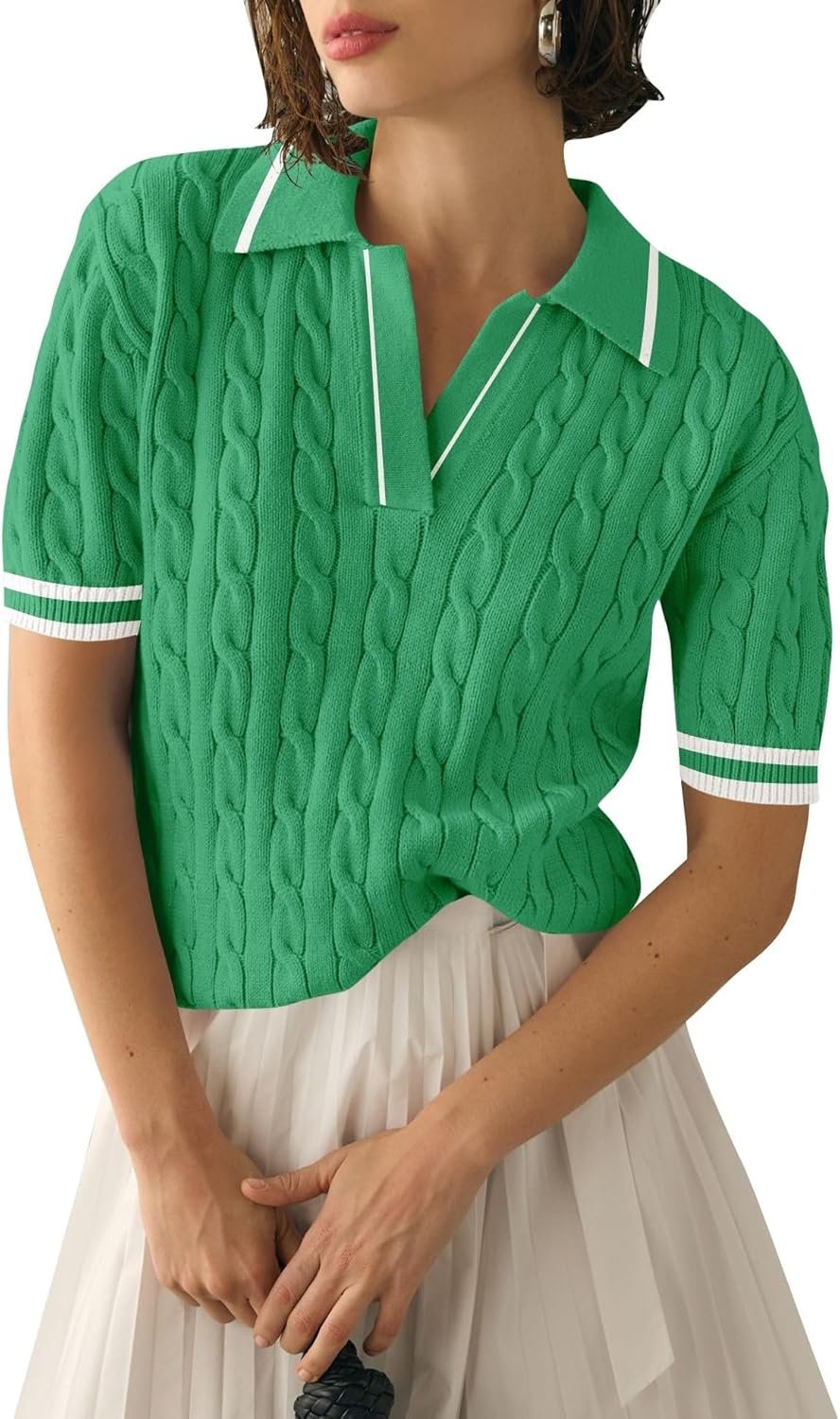 Micoson Womens Short Sleeve Sweater Tops Lapel V Neck Polo Shirts 2026 Summer Cable Knit Loose Blouse Business Casual Outfits