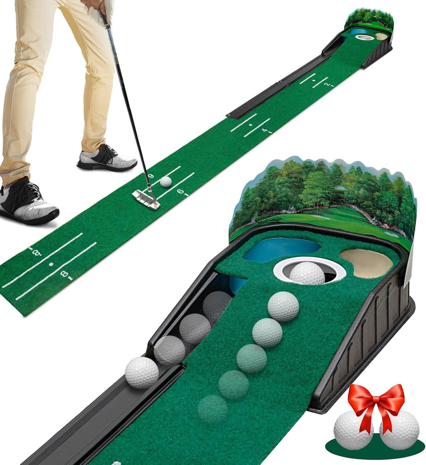 Putting Green Indoor – Golf Putting Mat boasts Genuine Green Speed and a Wrinkle-Free Surface. 8ft Practice Putting Mat with lenticular 3D Backplate, Alignment Guides and Ball Return