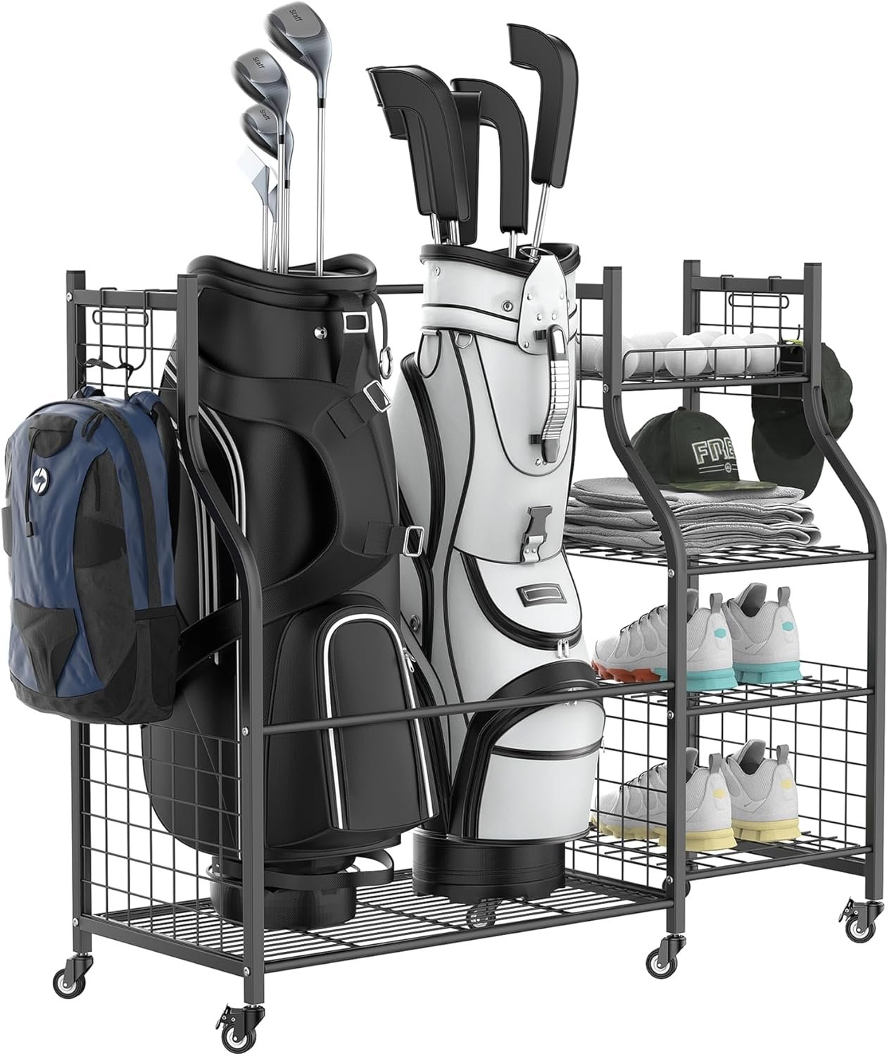 WALMANN Garage Golf Bag Stand, Large Golf Bag Storage with Golfing Accessories Storage Shelves Rolling Golf Bags Organizer