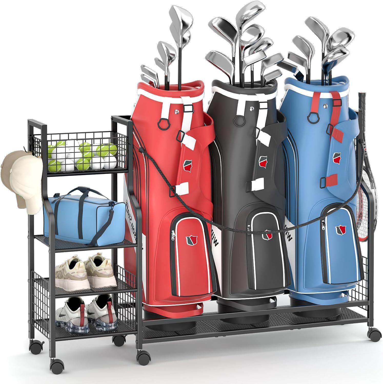 DAOUTIME Golf Bag Storage Rack for Garage with Wheels, Organizer for Golf Bag and Equipment Accessories, Golf Organizer Stand Ideal for Home, Garage, Club, Shed, Basement – Sturdy and Durable (Black)