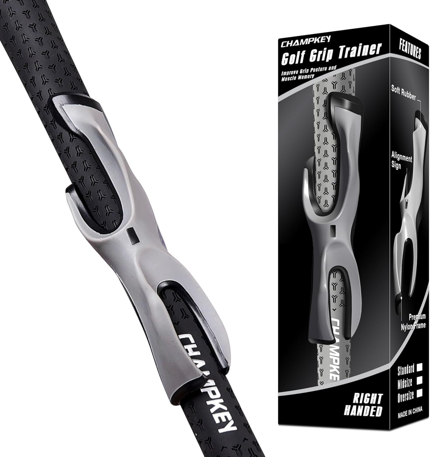 CHAMPKEY Professional Golf Grip Trainer – Perfect Golf Training Aid for Proper Hand Positioning and Grip – Suitable for Standard Size Golf Grip – Right Handed (Gray,Standard)
