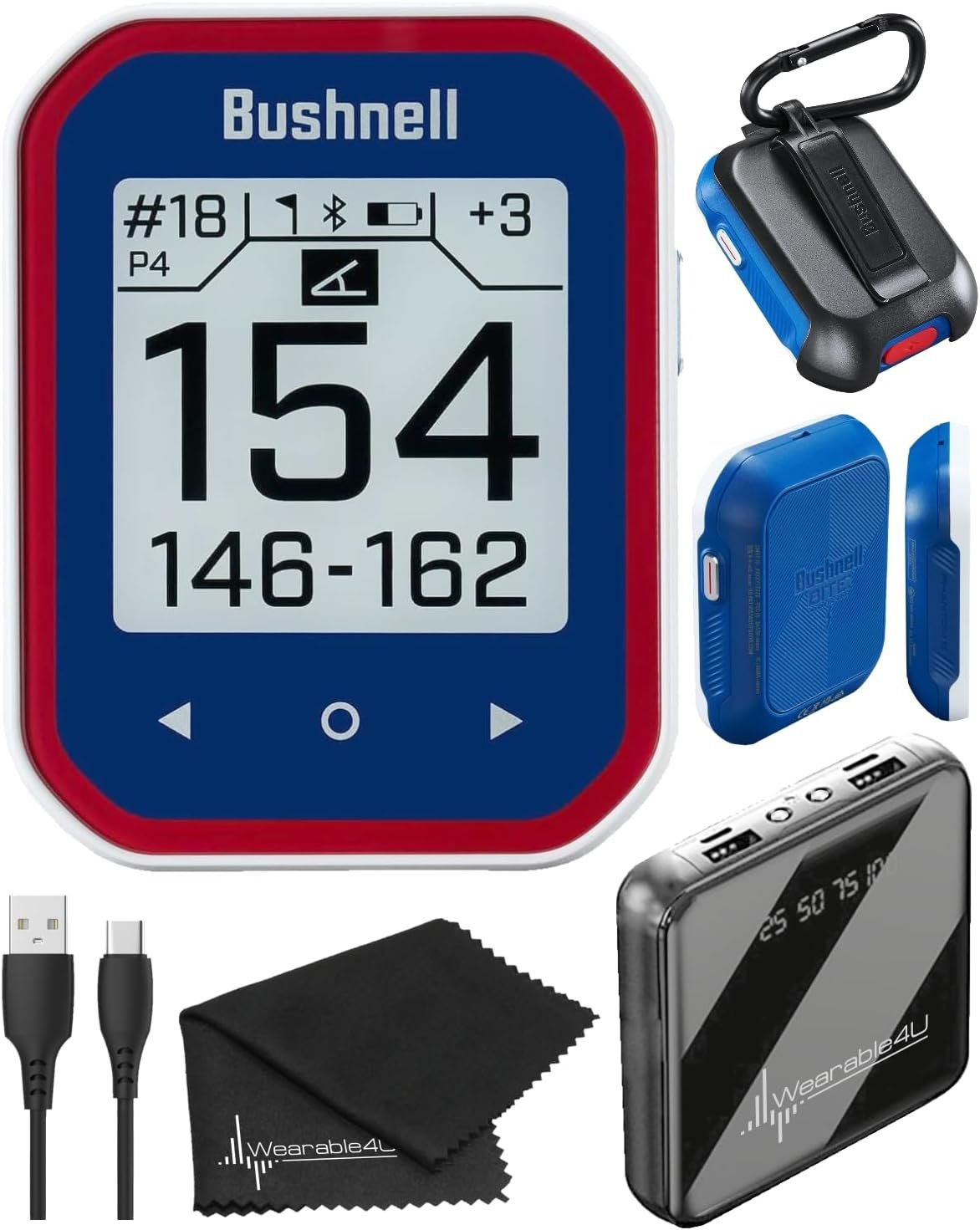 Bushnell Phantom 3 Slope GPS Golf Red/Blue with Slope Technology, Touchscreen, Magnetic Cart Mount with Power Bank and Towel Bundle