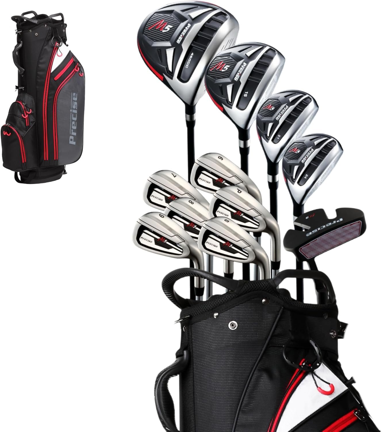 Precise M5 Pro Men’s Complete Golf Club Set – Titanium Driver, #3 Fairway Wood, 4 & 5 Hybrids, 6-PW, Sand Wedge, Putter, Stand Bag + 4 Headcovers