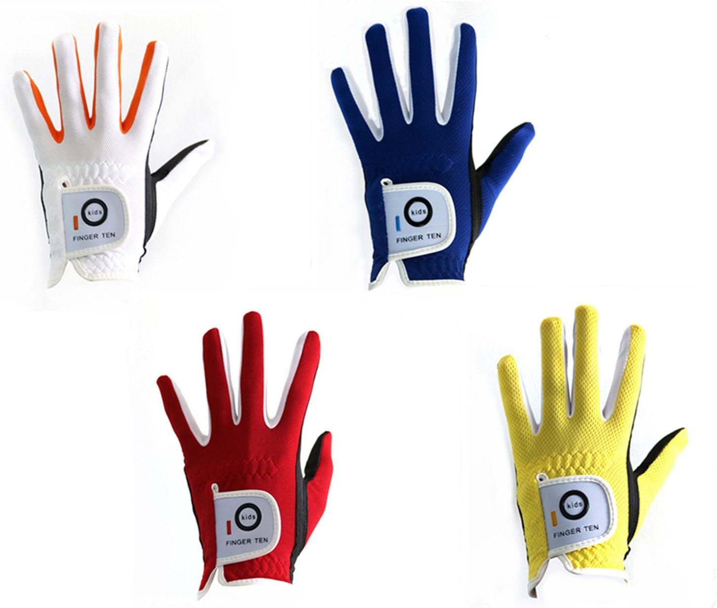 FINGER TEN Golf Gloves Junior Kids Youth Toddler Boys Girls Left Hand Right Hand Dura Feel White Blue Red Yellow Golf Glove Extra Value 2 Pack Age 4-11 Years Old