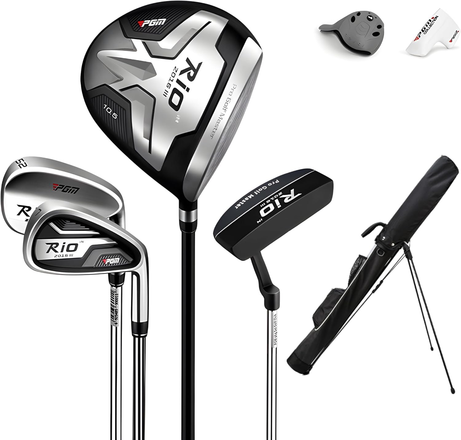 PGM Beginner Golf Clubs Sets Rio for Men 5 Piece Includes Golf Driver, 7 Iron, #52 Sand Wedge, Putter and Lightweight Carry Sunday Club Golf Cart Bag Right Handed