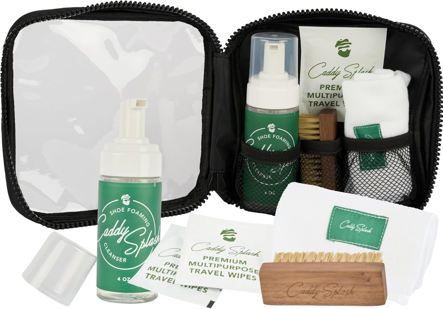 Caddy Splash Complete Golf Shoe Cleaning Kit – 4oz Foaming Cleanser, Durable & Safe Shoe Brush, Premium Microfiber Towel & Multi Purpose Travel Wipes – All-in-One Cleaning Solution – USA Company