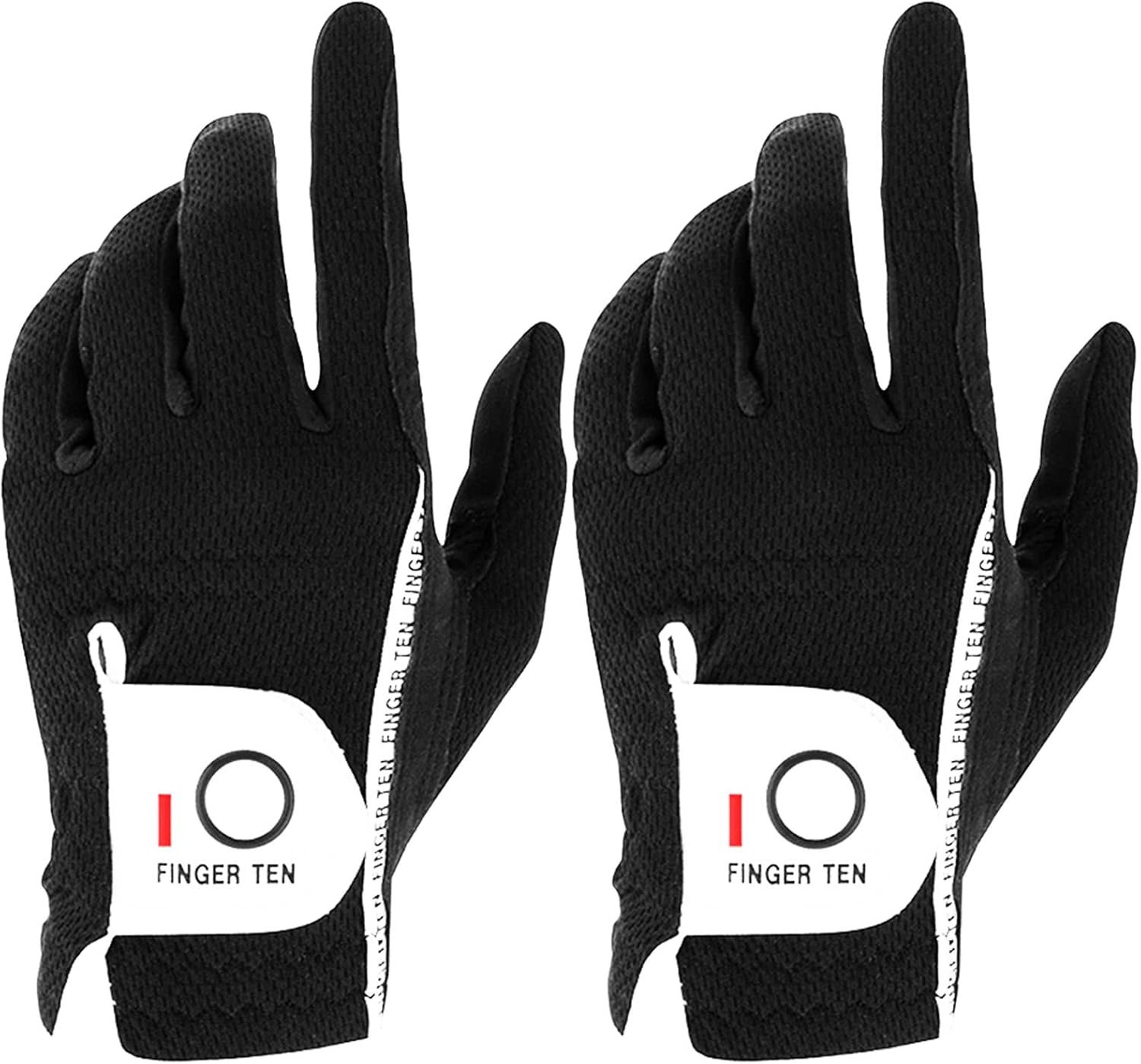 FINGER TEN Men’s Golf Gloves for Right Left Handed Golfer Rain Grip Value 2 Pack, Golf Glove for Left or Right Hand Hot Wet Weather No Sweat Black Gray White Blue