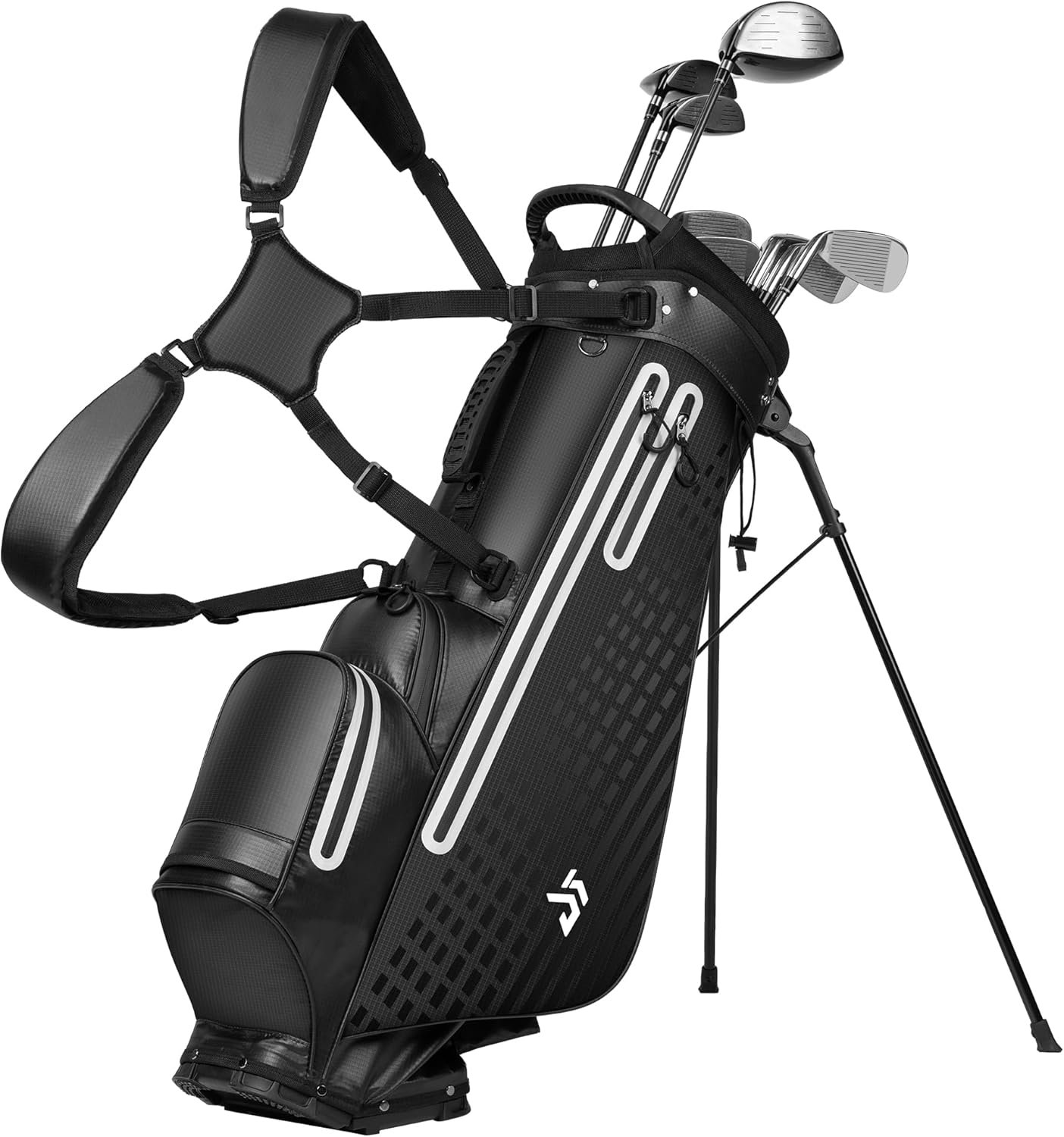 Waterproof Golf Stand Bag for Men, All-Weather Lightweight Carry Bag with 5-Way Top Divider, Reflective Safety Strips, Rain Hood, 6 Pockets, Black