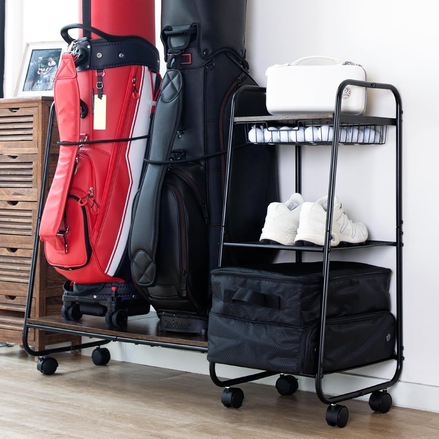 Golf Bag Storage Organizer for Garage, Large Size Adjustable Golf Bag Rack Stand with Wheels & Feet for 2 Bags, Golf Trunk Organizer, Golf Equipments Accessories, Golf Gift for Men Golfer