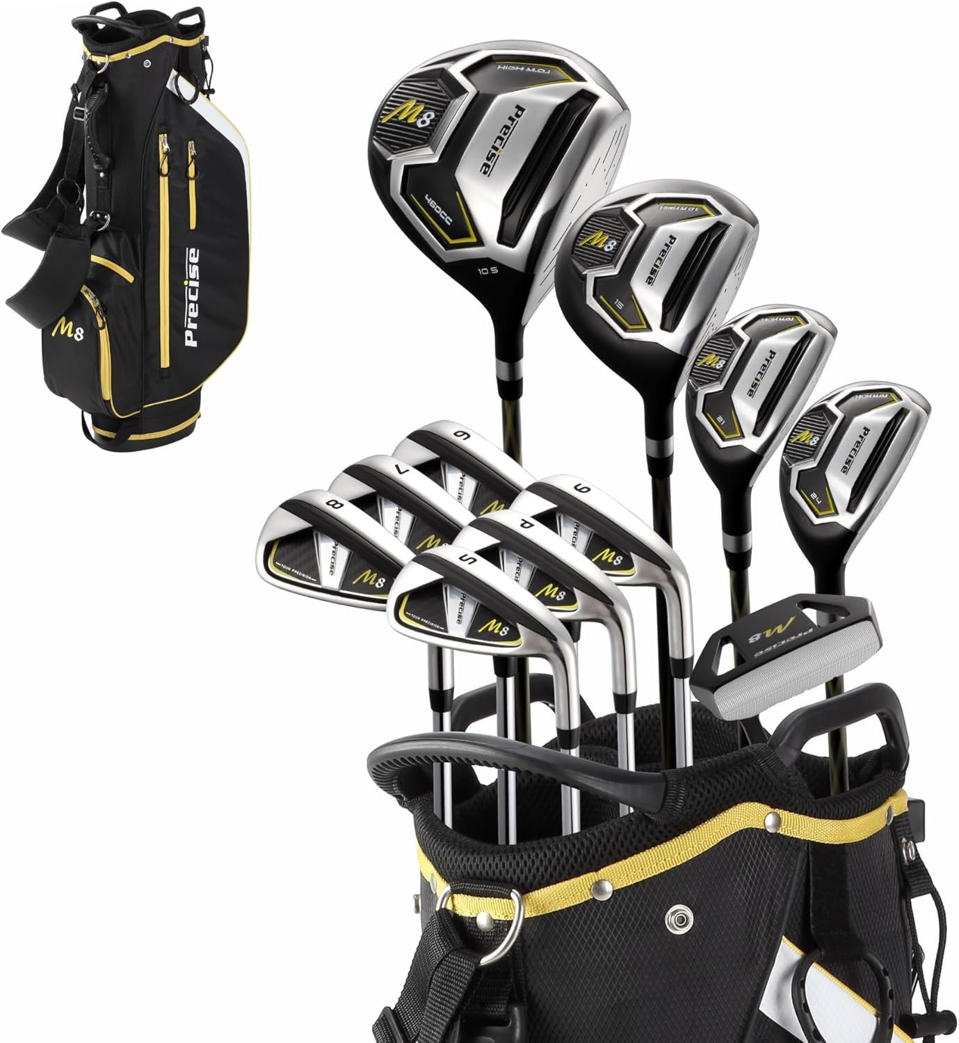 Precise M8 Men’s 17-Piece Golf Set – Kevlar Graphite Shafts | Driver, Woods, Hybrids, Irons (6-SW), Putter, Stand Bag, 4 Headcovers & Rainhood