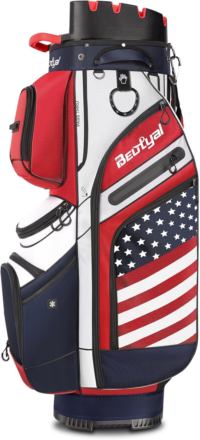 14 Way Golf Cart Bag with T Lock Top & Full Length Dividers, USA Flag Men’s Golf Club Cart Bag Premium Cart Golf Bag with Cooler and Rain Cover