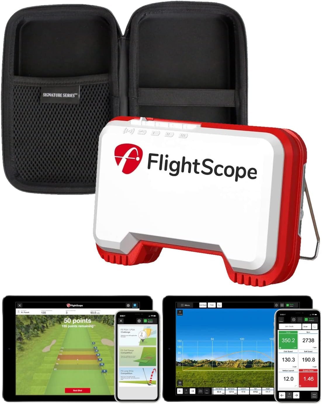 FlightScope Mevo Portable Golf Launch Monitor and Rangefinder with Real Time Data and Signature Series Case | Carry Distance, Spin Rate, Club & Ball Speed, Vertical Launch, Smash Factor, and More