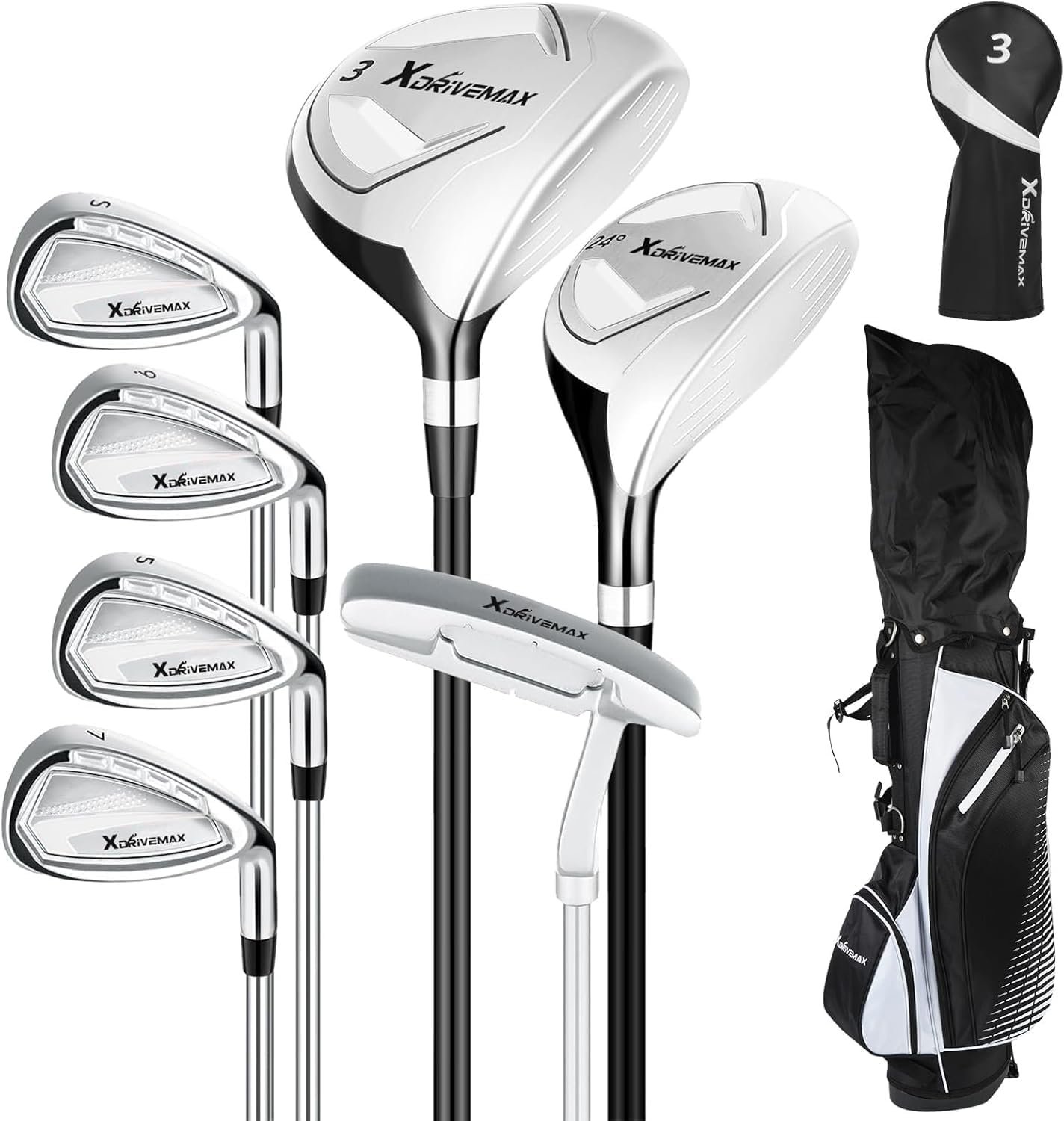 XDriveMax 8-Piece Right & Left Hand Complete Golf Club Set for Men & Women: Wood, Hybrid, Irons, Putter & Bag – Beginner Friendly, High Distance & Accuracy