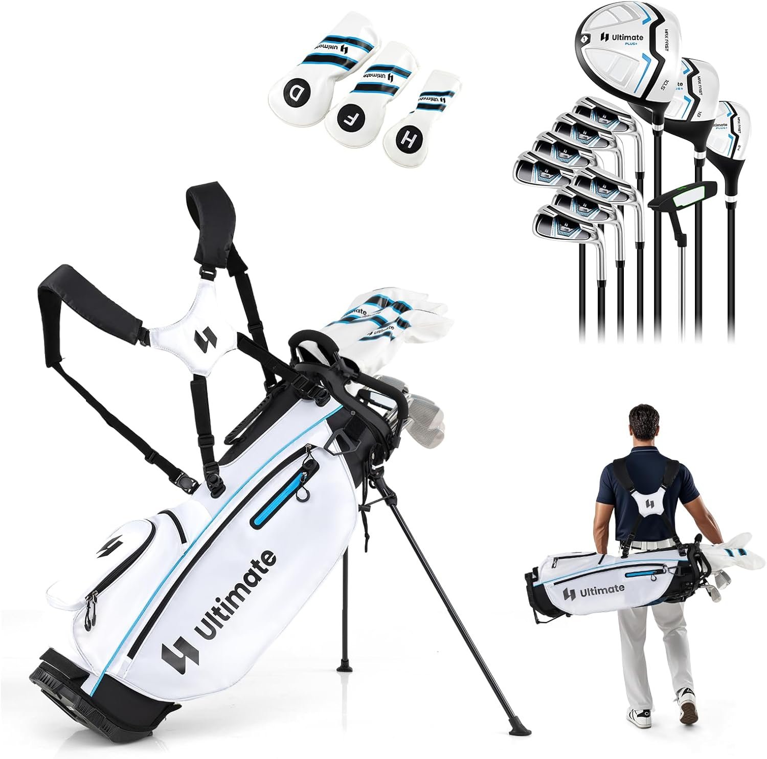 ULTIMATE 12 Pieces Men’s Complete Golf Clubs Set w/Golf Stand Bag, 460cc #1 Driver, #3 Fairway, #5 Hybrid, #5#6#7#8#9#P#S Irons, Putter, Full Right-Handed Golf Set for Men