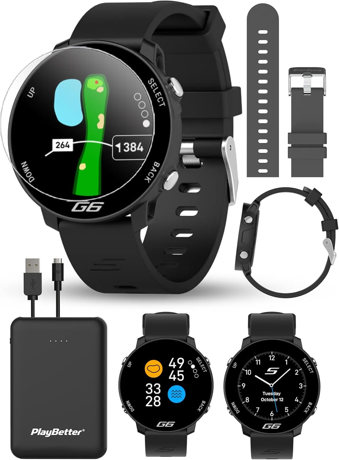 PlayBetter Shot Scope G6 Golf GPS Watch Bundle – Full Hole Maps, F/M/B Distances, Large Display – Includes Extra Carbon Gray Straps, Portable Charger & HD Screen Protectors