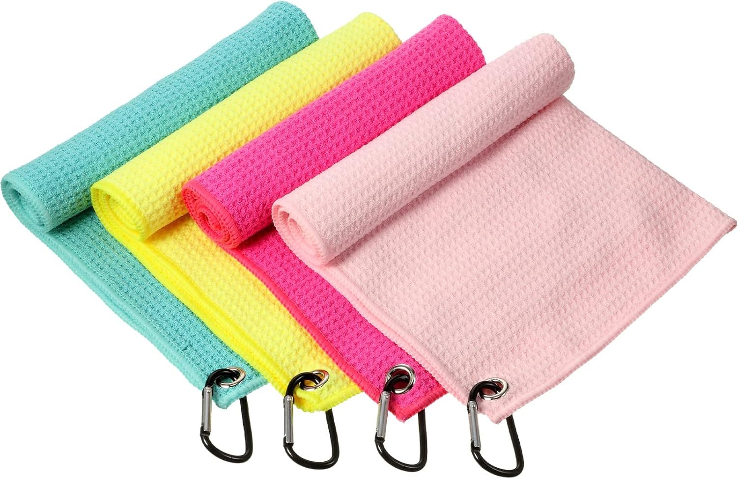 Remagr 4 Pack Golf Towel for Bags 16” x 16” Microfiber Fabric Towel Bag with Clip Waffle Pattern Golf Accessories for Men Women Ball Club Set, Multiple Color