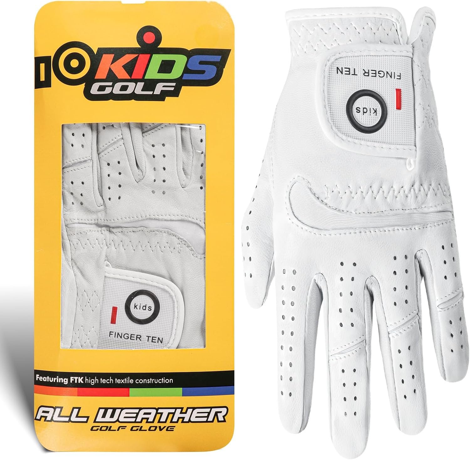 FINGER TEN All Premium Cabretta Leather Golf Gloves 1 Pack for Kids Boys Girls Toddler Youth Junior, Comfortable Soft Glove Breathable Grip Fit Left Hand for Right Handed Golfer