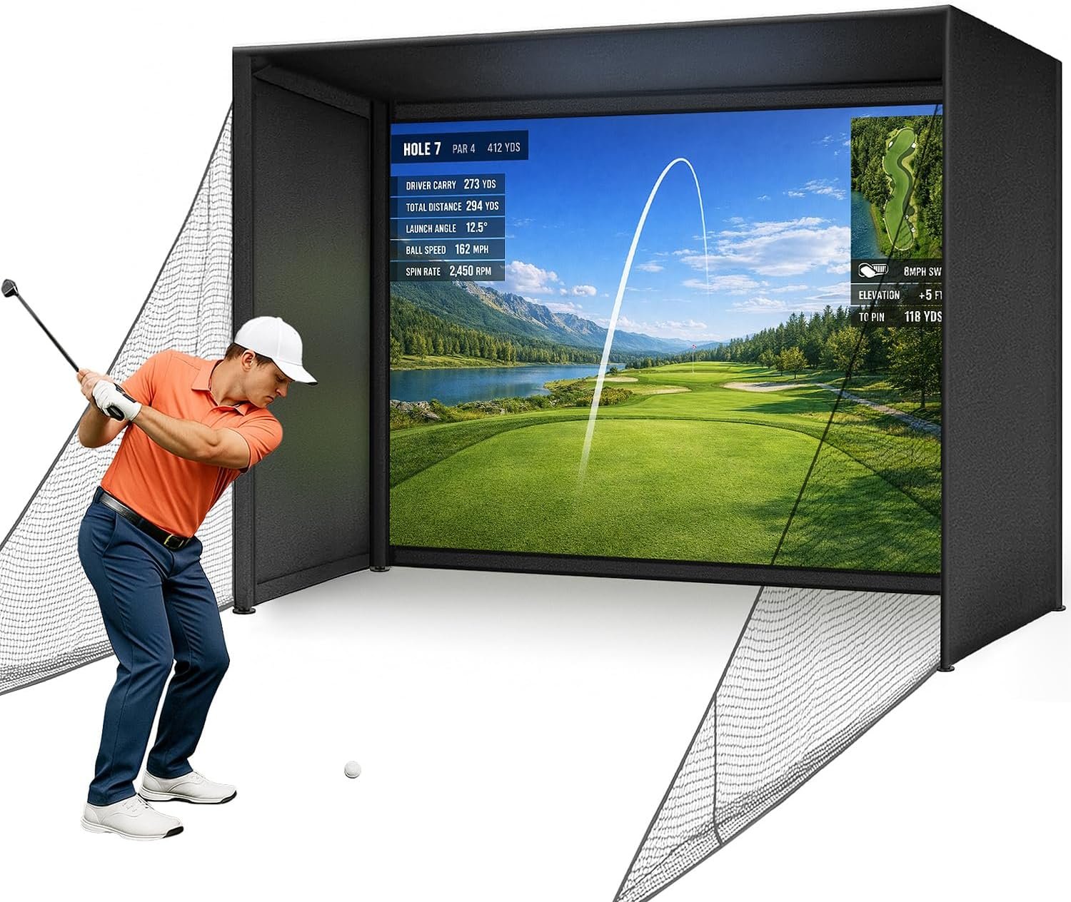 Diandian Golf Simulator Enclosure Kit 10 x 8 ft, 4K-Ready Dual-Layer Projection Impact Screen, Safety Side Netting & Thick Foam Edge Padding for Indoor Home Garage Golf Cage Practice Training