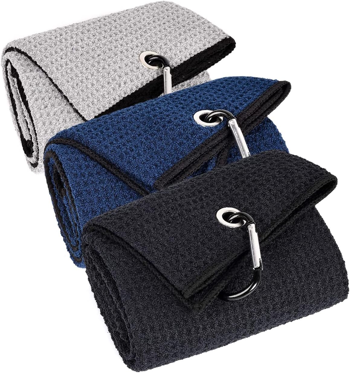 LUSTEMBER 3 Pack Large Golf Towels, 16″ x 24″ Tri-Fold Portable Microfiber Fabric Waffle Pattern Golf Towel for Golf Bag with Carabiner Clip to Quickly Remove Sand, Mud, Dirt and Sweat