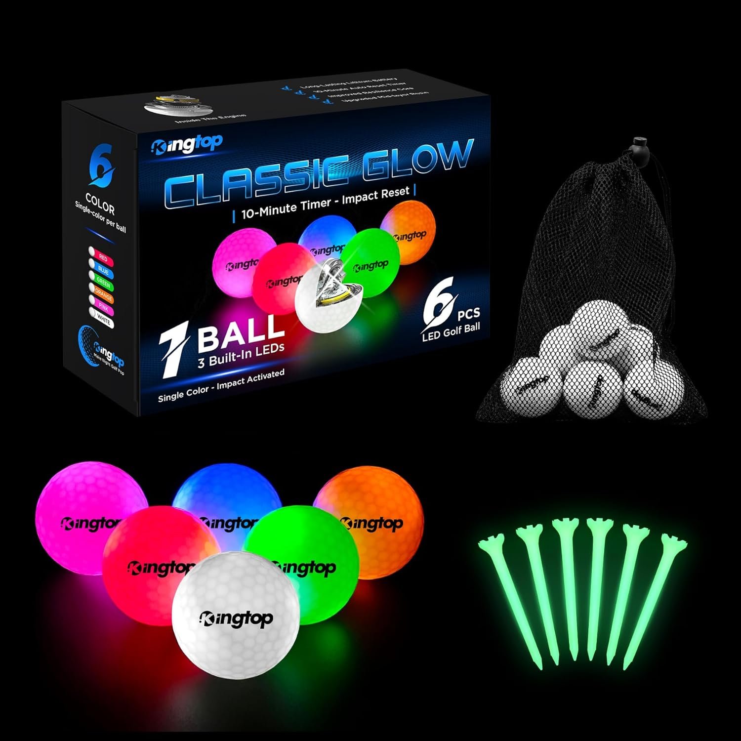 KINGTOP Upgraded Glow in The Dark Golf Balls – Super Bright Light Up LED Golf Ball – with Glow Golf Tees and Storage Bag – Fun Night Golfing Gift for Men and Women | Backyard Putting Greens