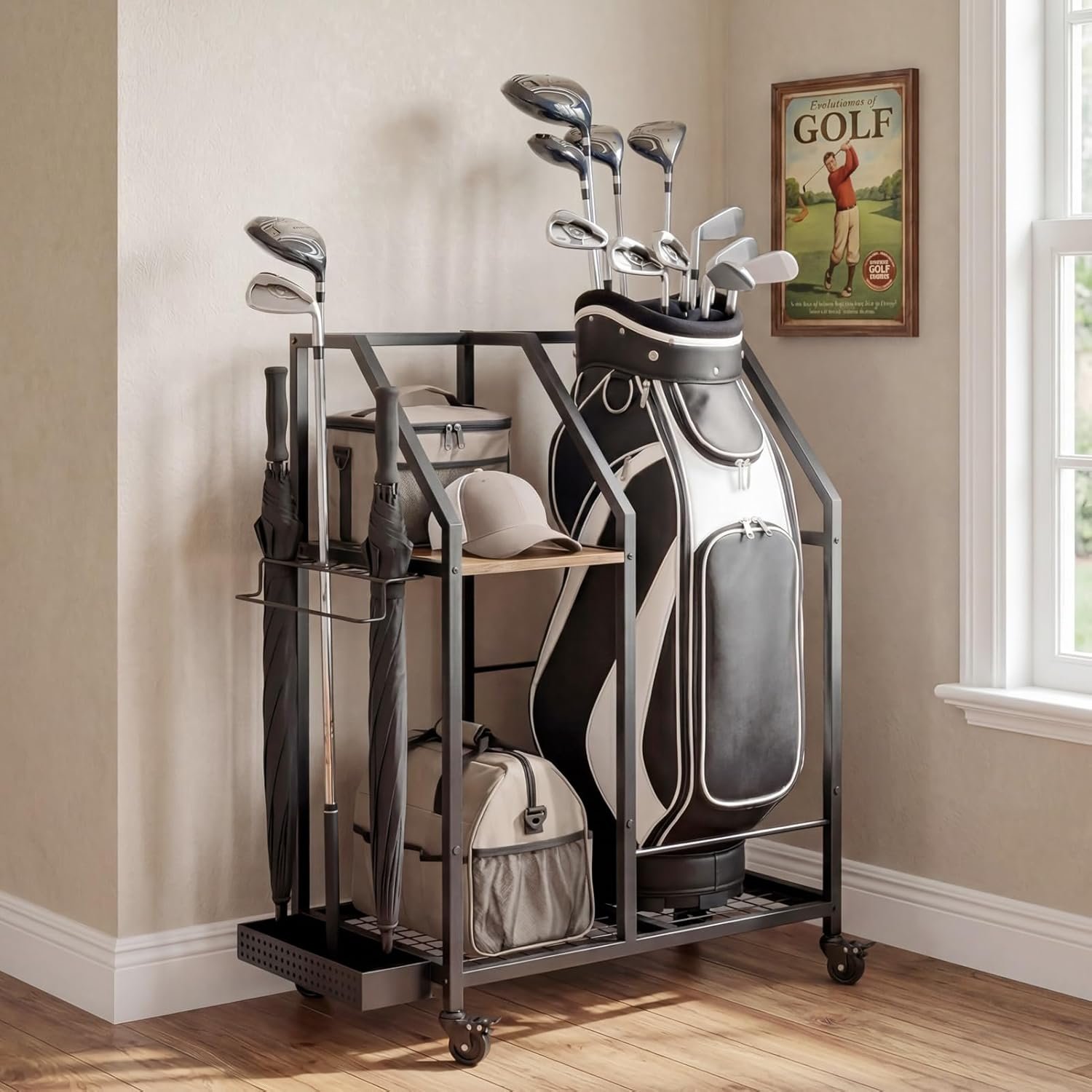 Golf Storage Organizer for Garage, Golf Bag Storage Rack with Wheels, Mobile Golf Club Rack for Garage, Heavy Duty Golf Bag Holder Stand with Rolling Wheels & Multi Storage
