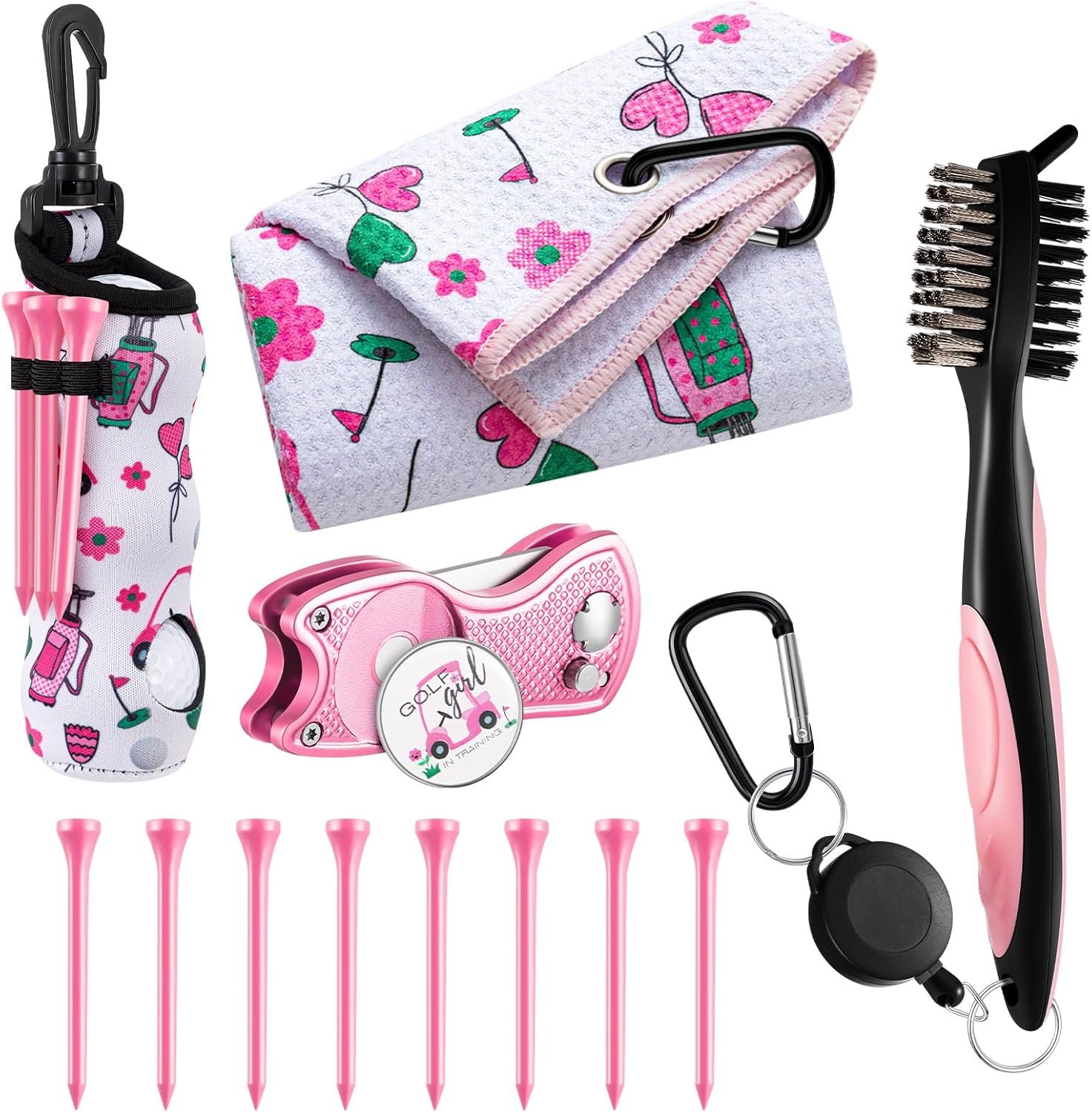 Liliful 12 Pcs Golf Accessories Kit, Include Golf Ball Bag with Hook Towel Tees Magnetic Ball Marker Divot Tool Cleaner Brush for Women Man Gifts