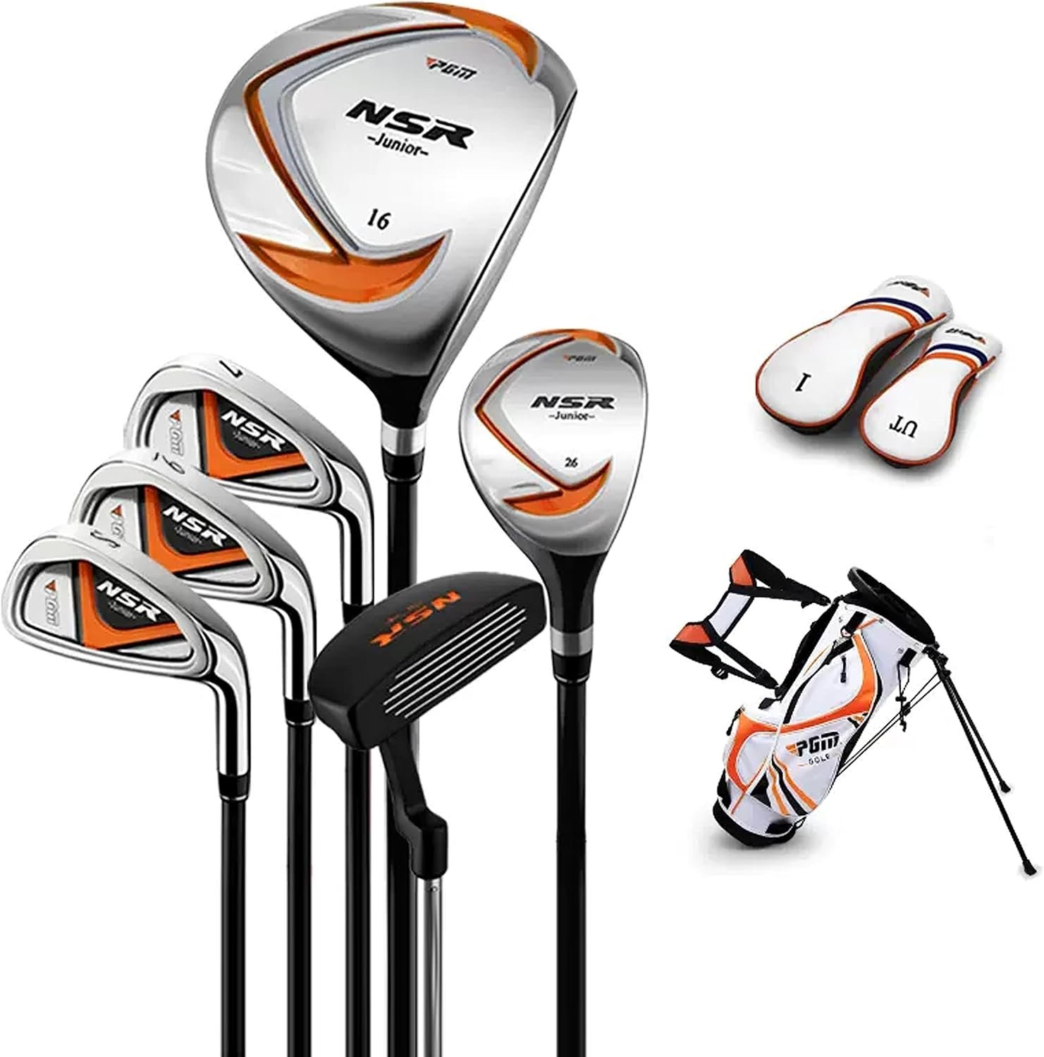 PGM Golf Club Set – 9 Pieces Junior Complete Golf Club Set for Kids Children – Right Handed – Driver(#1), Hybrid, Iron(#7,#9,#S), Putter, Golf Stand Bag