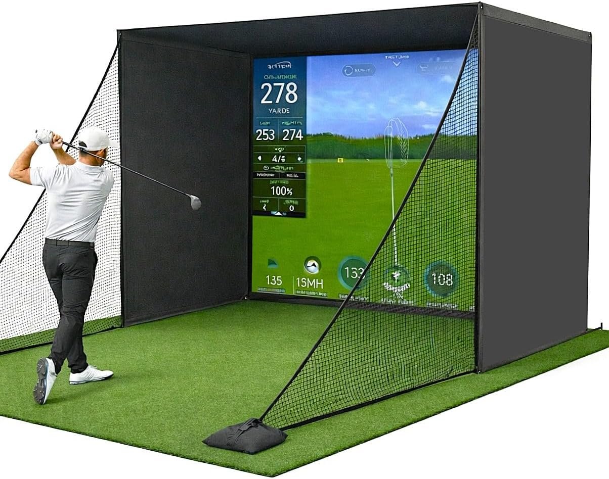Golf Simulator Enclosure for Home 10×8 ft Cage with HD Impact Sim Screen Two Shank Nets and Corner Foam Padding for Practice at Indoor Garage