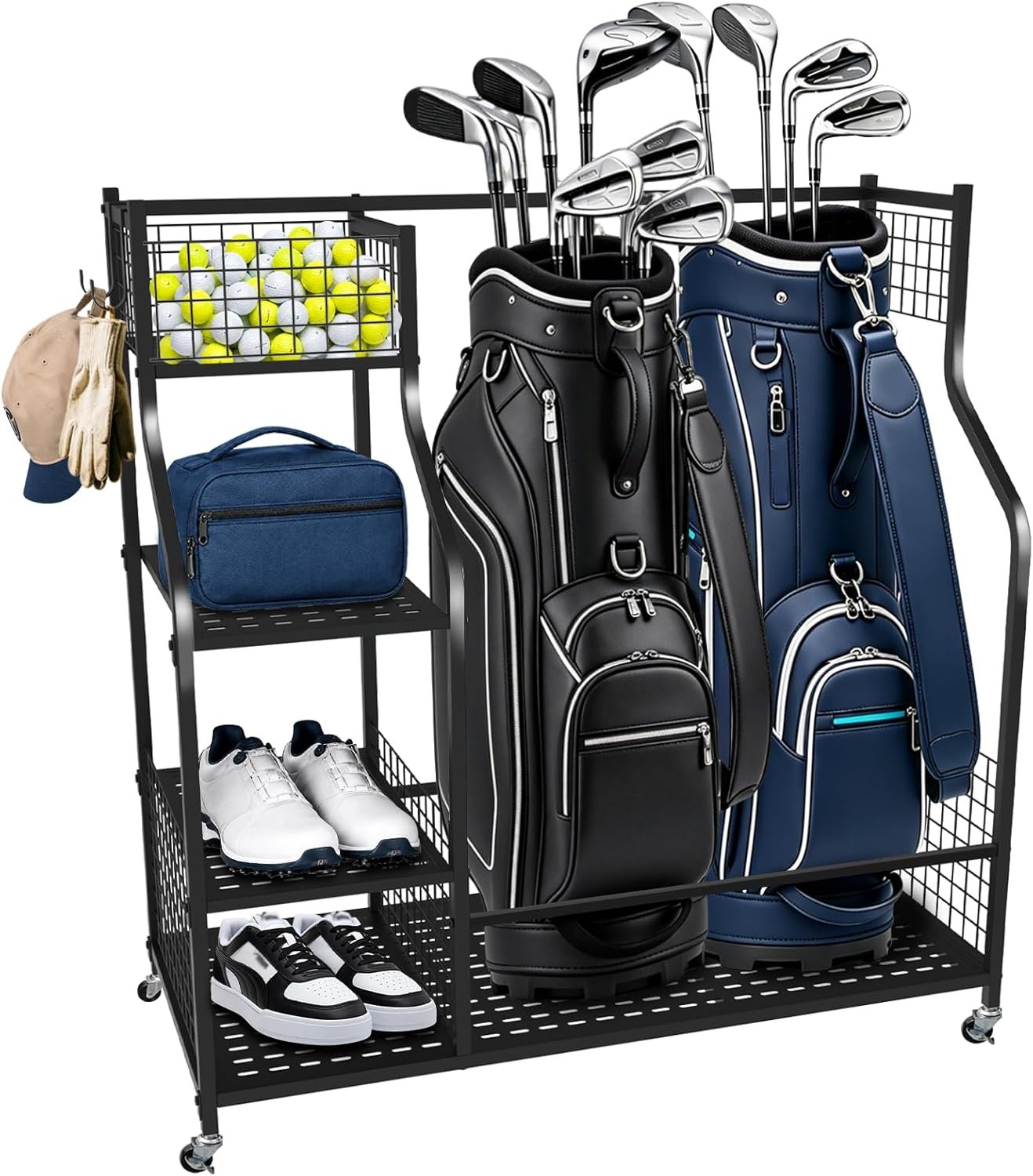 Golf Bag Storage Organizer for Garage, 35.4”L x 15.8”W x 37.4”H Golf Rack with Lockable Wheels & 2 Hooks, Can Holds 2 Golf Bags, Heavy-Duty Golf Bag Holder for Garage, Home, Club & Basement