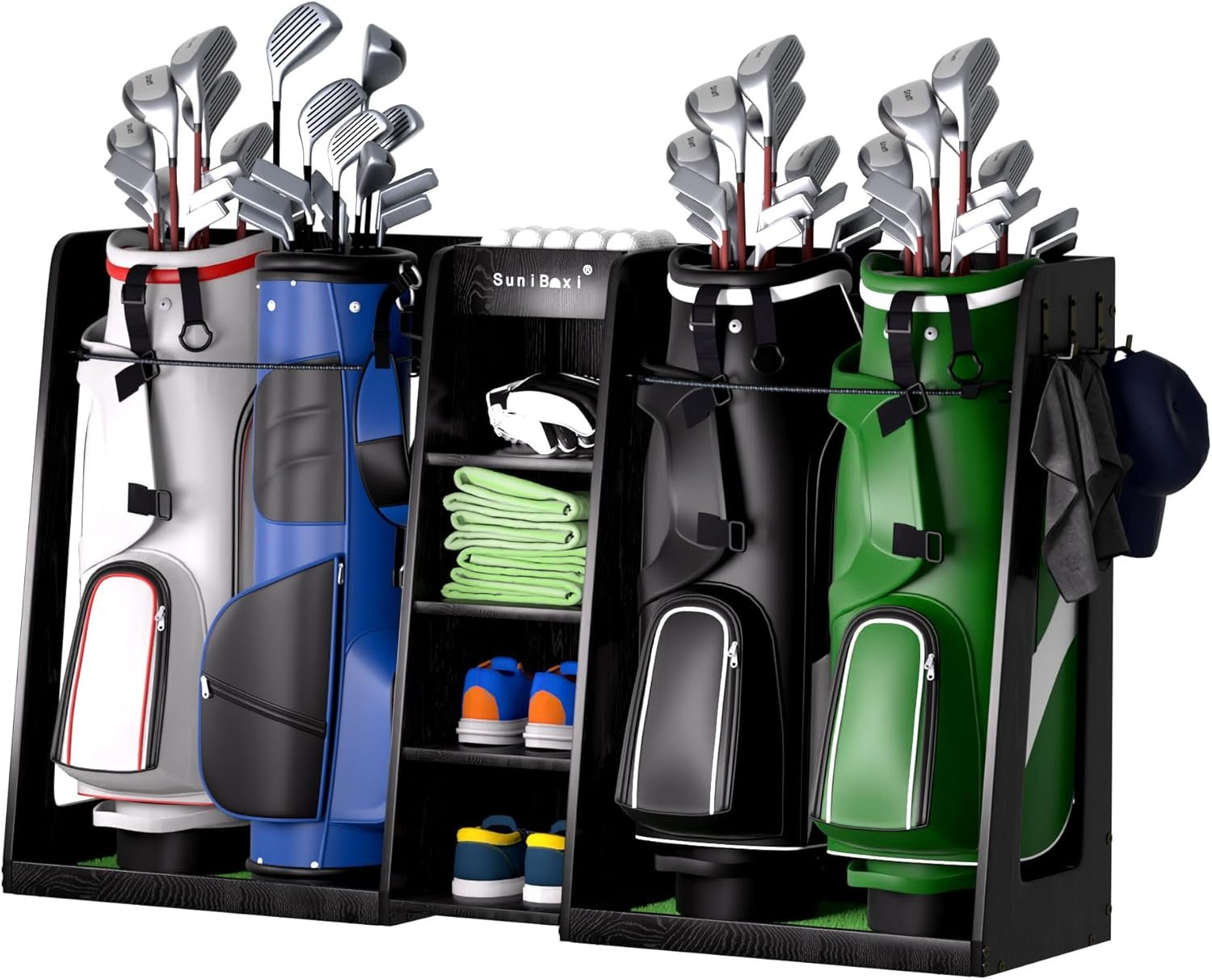 SuniBoxi Golf Organizer for Garage, XL Wooden Golf Bag Storage Rack for 4 Bags, Clubs, Balls & Equipment, Heavy-Duty Golf Bag Holder, Ideal Gift for Golfers, Dad, Husband(4 Bags,Dark Black)