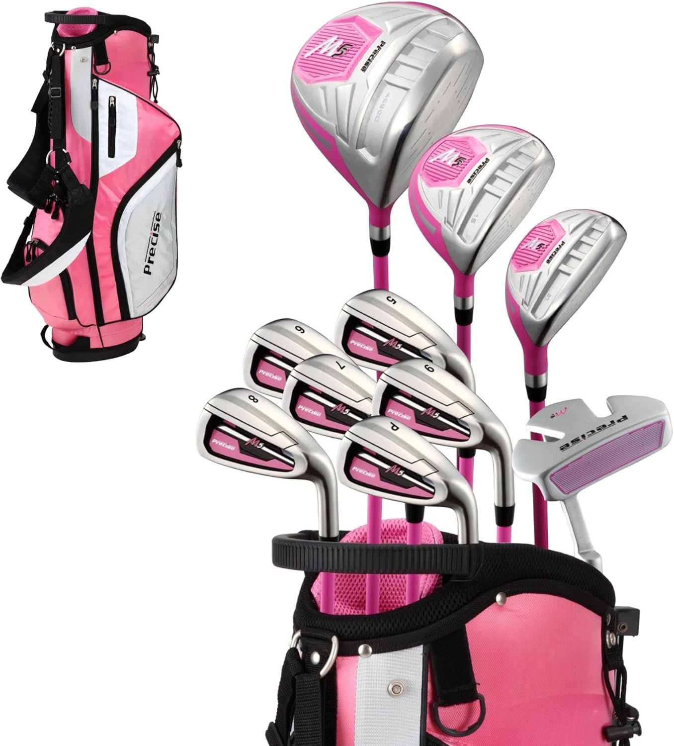 Precise M5 Womens Golf Clubs Full Set, Titanium Driver, S.S. Fairway, S.S. Hybrid, S.S. 5-PW Irons, Putter, Stand Bag, 3 H/C’s, Golf Clubs Women Right Handed, Pink