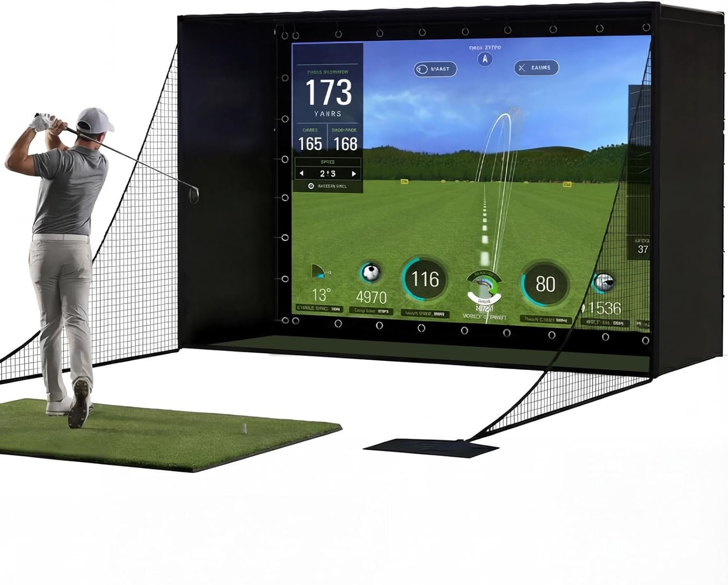 11′ x 8′ Complete Golf Simulator Enclosure Package, 4K-Ready Impact Screen with Blackout Enclosure Cage, Frame Poles, Side Nets & Sandbags, Easy Setup for Indoor/Garage Practice
