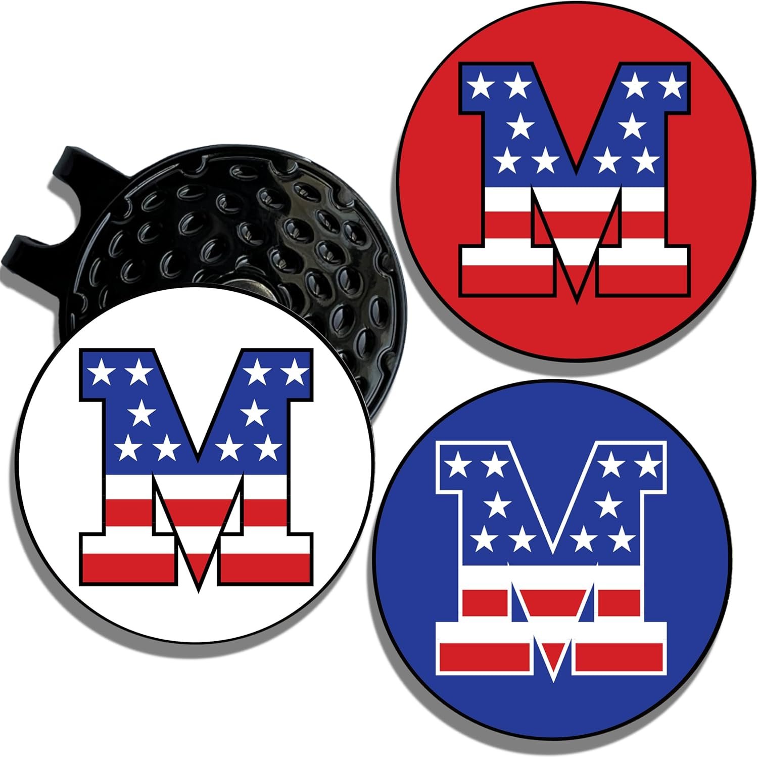 Wolf Golf Towels Golf Ball Marker Hat Clip | USA Monogram | 1 Magnetic Clip + 3 Ball Markers | Patriotic Golf Accessories for Men & Women