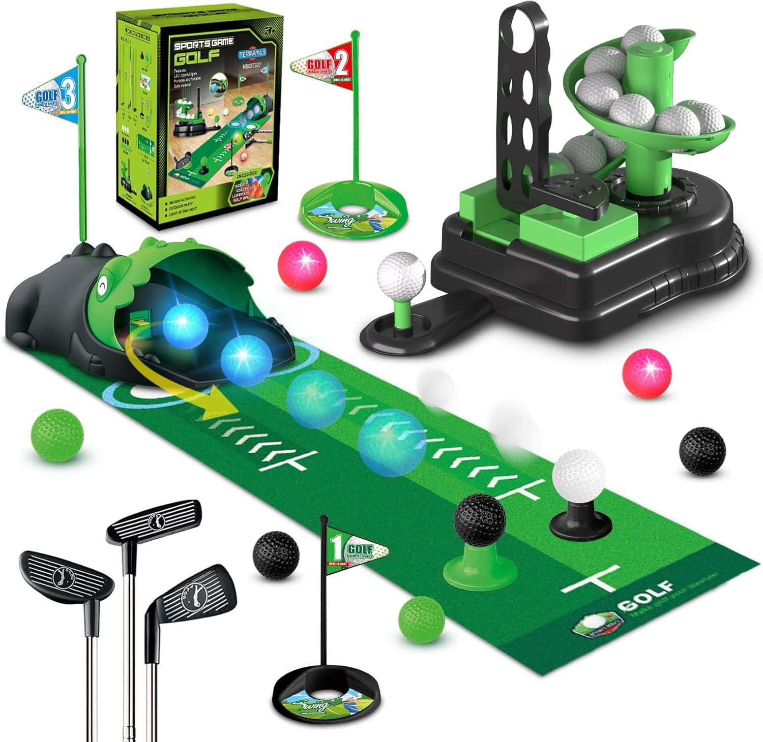 TERRAMUS Upgraded Kids Toy Golf Set, 3 in 1 Golf Toys with Dinosaur Automatic Ball Returner & Ball Launcher Led Light Up Balls, Mini Golf Toy for Ages 3-8, Indoor Outdoor Sports Gift for Boys Girls