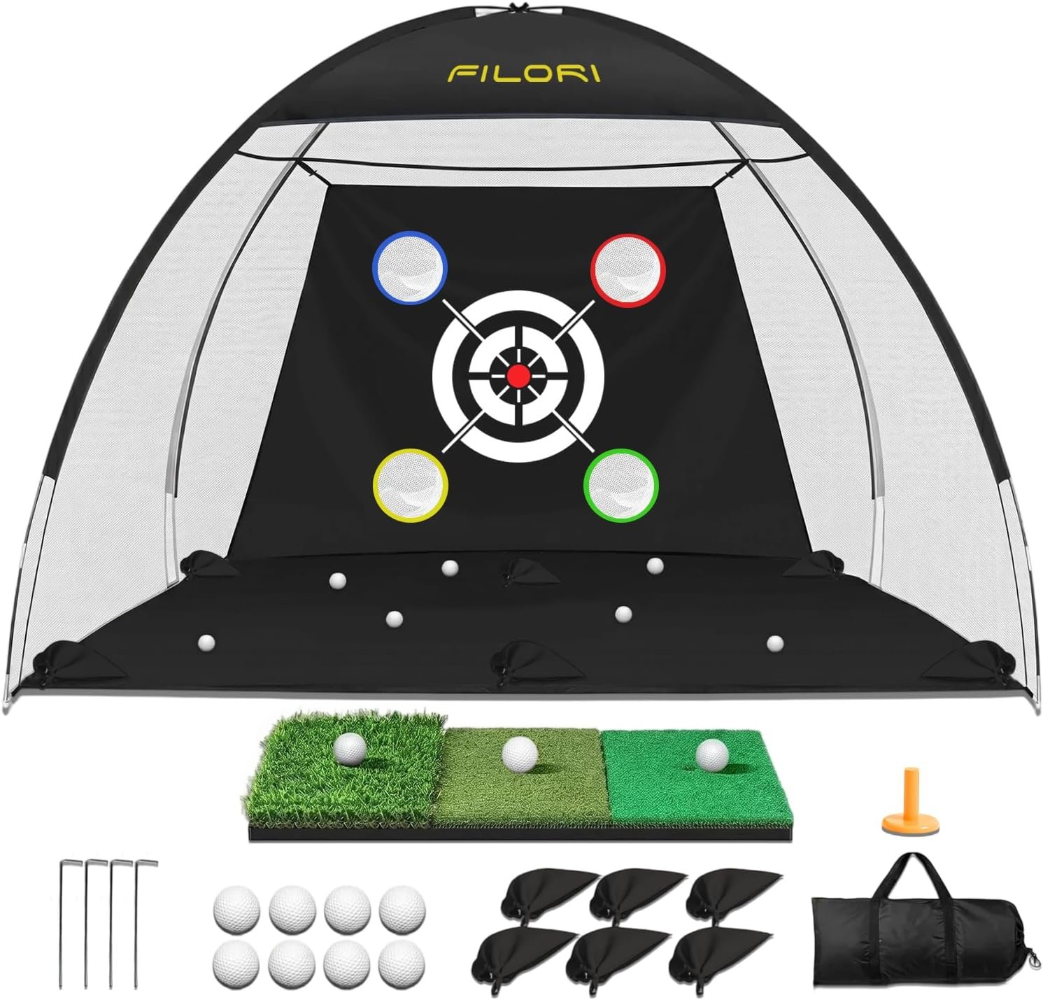 FILORI Golf Practice Net 10x7FT – Golf Hitting Net with Tri-Turf Mat, 8 Balls, Tee & Carry Bag, Indoor/Outdoor Backyard Training for Driving Chipping Swing, Ideal Gifts for Men Dad Husband Golfer