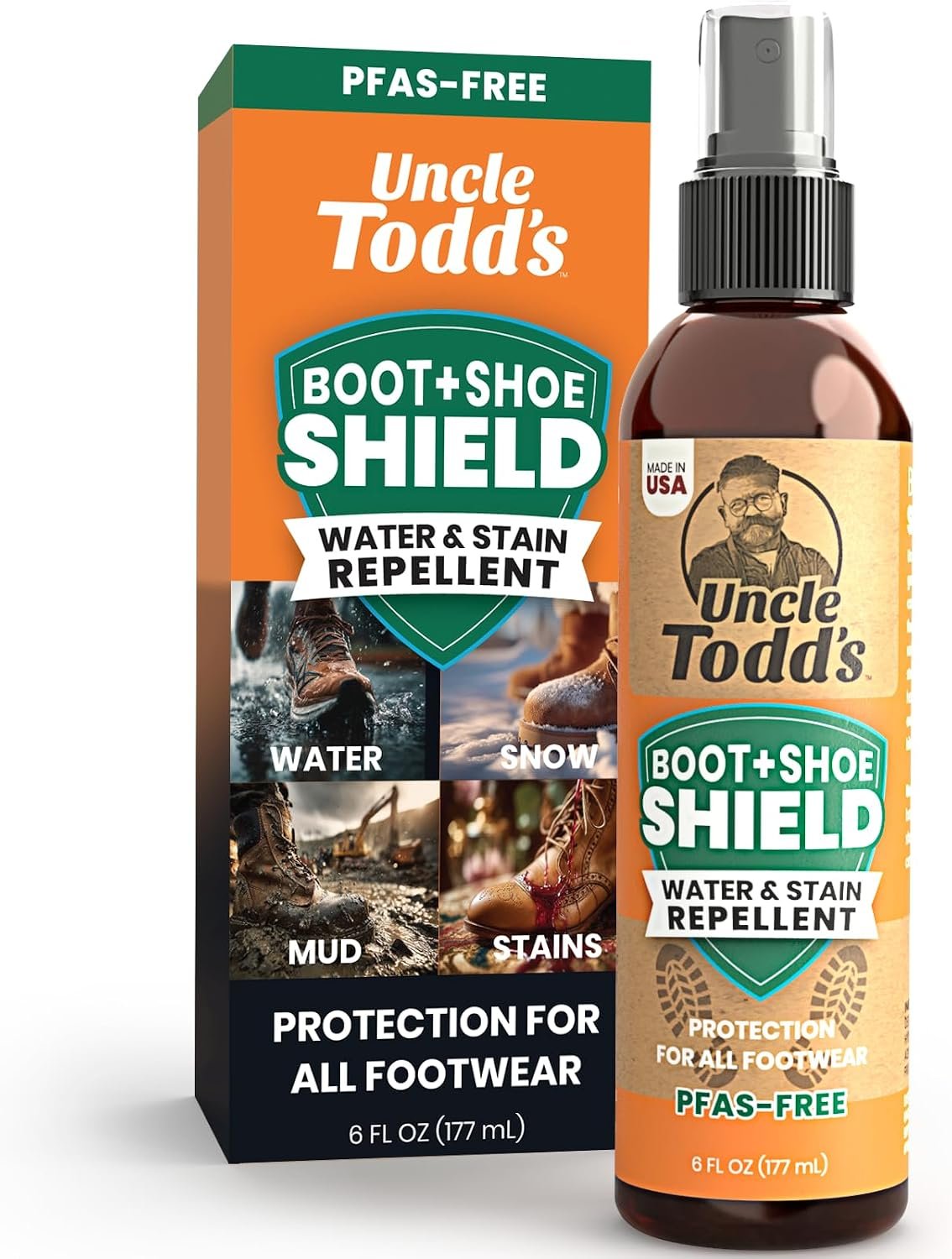 Uncle Todd’s Shoe Protector Spray – Water & Stain Repellent – 6oz Non-Aerosol Suede Protector Spray – Protects Leather, Suede & Nubuck – Shields Against Water, Rain & Spills – Safe on All Colors