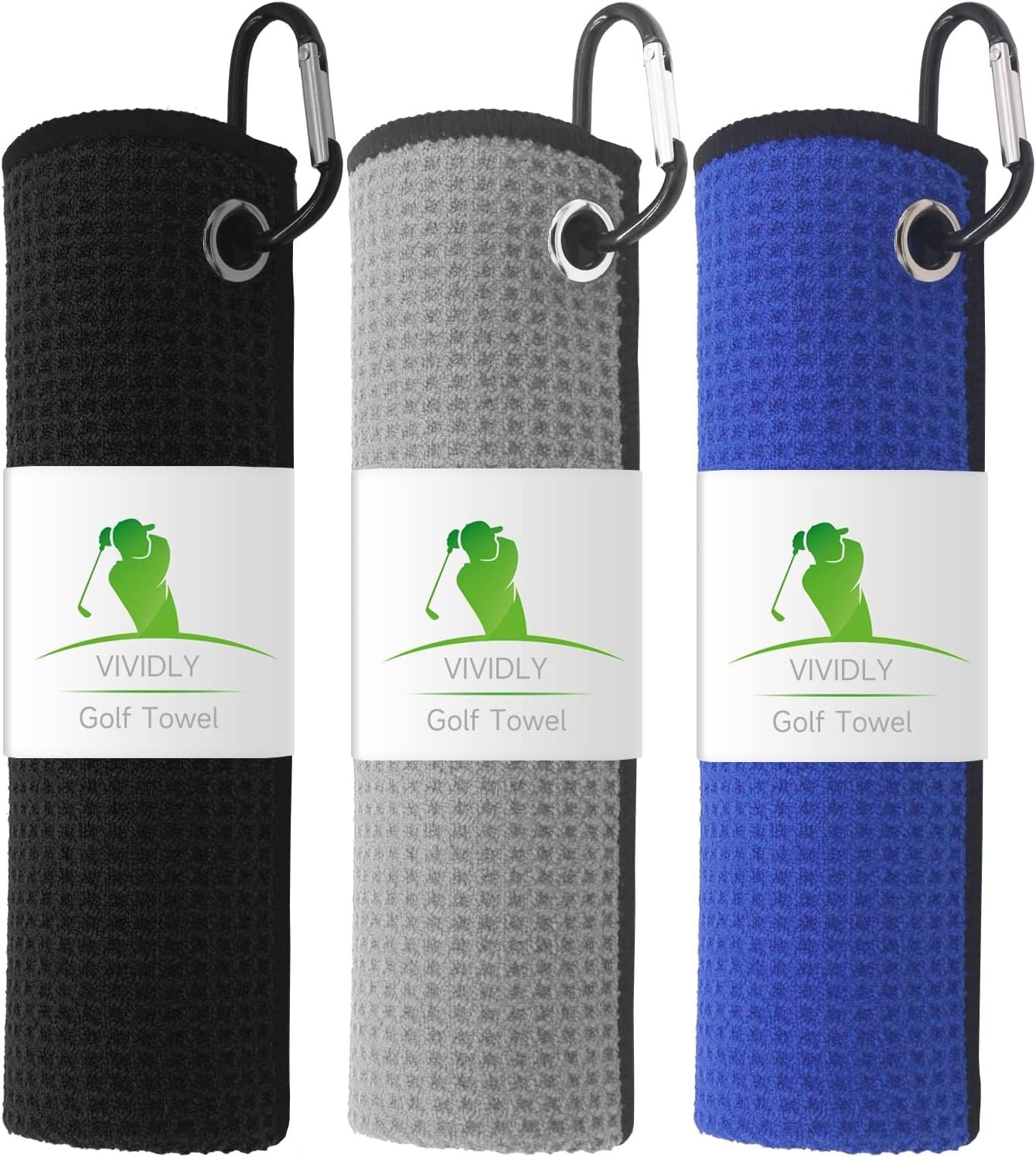 VIVIDLY 3 Pack Golf Towels (16″ X 16″), Microfiber Waffle Pattern Golf Towel with Carabiner Clip, Suitable for Men’s Golf Gifts (Black/Grey/Blue)