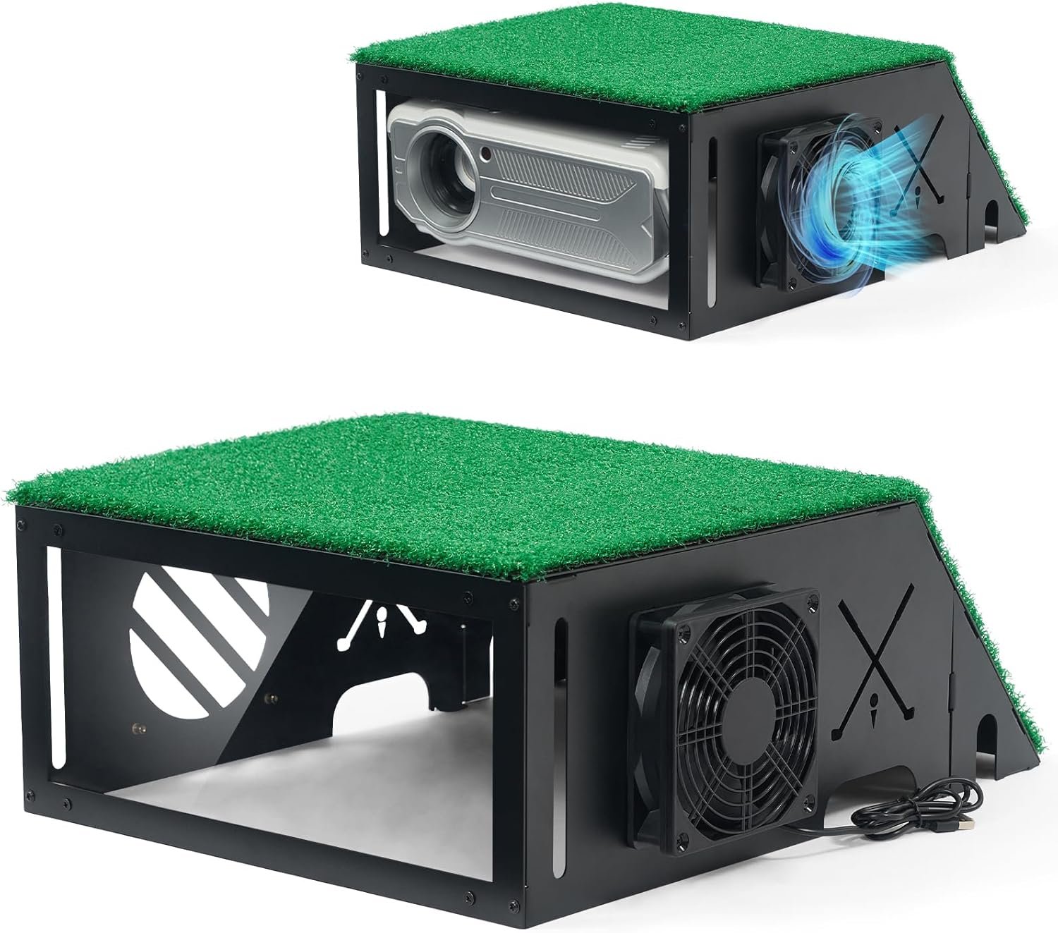 Golf Simulator Projector Cover, Heavy Duty Floor-Mounted Projector Enclosure with Cooling Fan& Artificial Turf-Total Protection for Your Golf Simulation