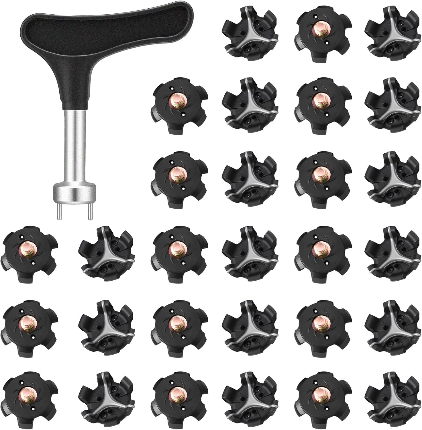 Soulchen 31 Pcs Golf Spikes Replacements Set Including 30 Pcs Cleats Replacement 1 Black Cleats Spanner Metal Thread Screw 6mm Spikes for Golf Shoes