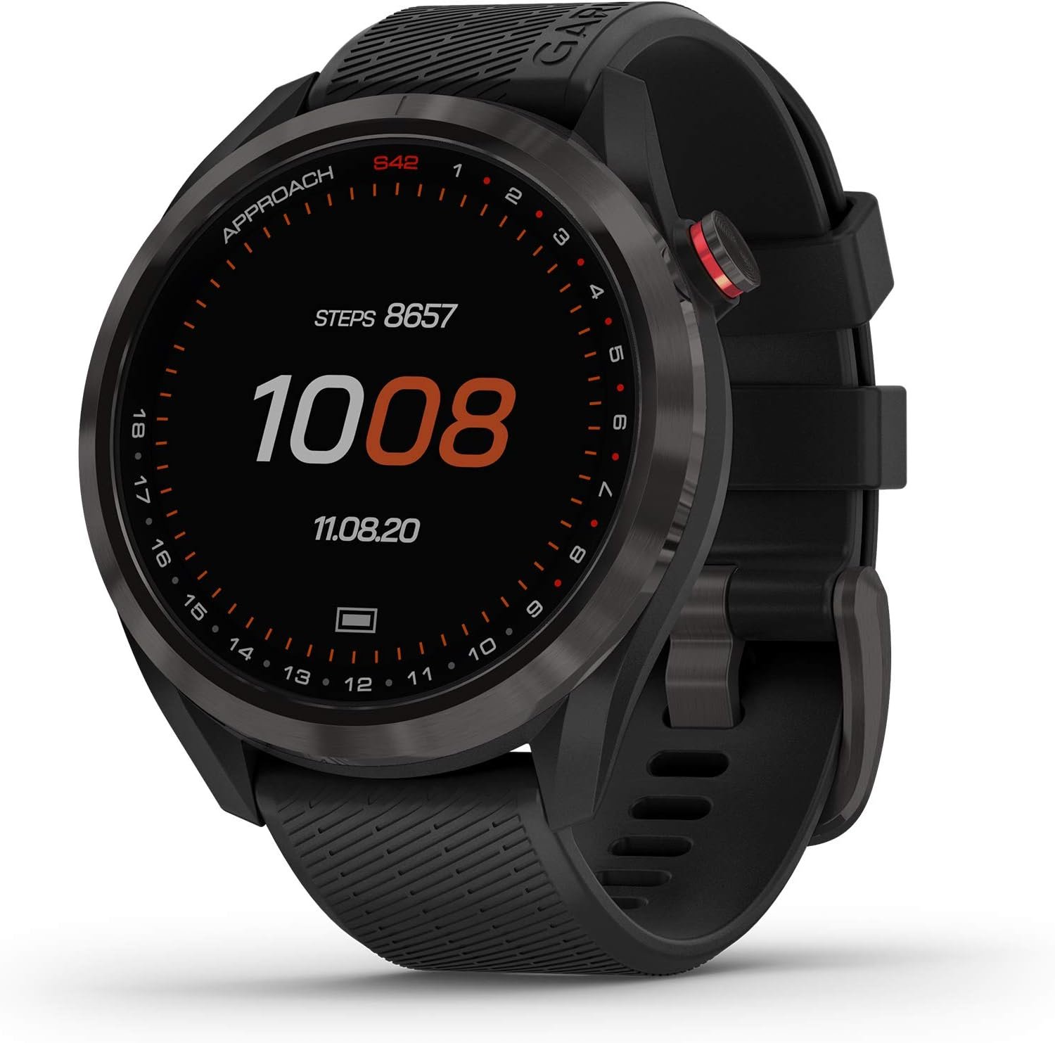 Garmin Approach S42, GPS Golf Smartwatch, Lightweight with 1.2″ Touchscreen, 42k+ Preloaded Courses, Gunmetal Ceramic Bezel and Black Silicone Band, 010-02572-10 (Renewed)